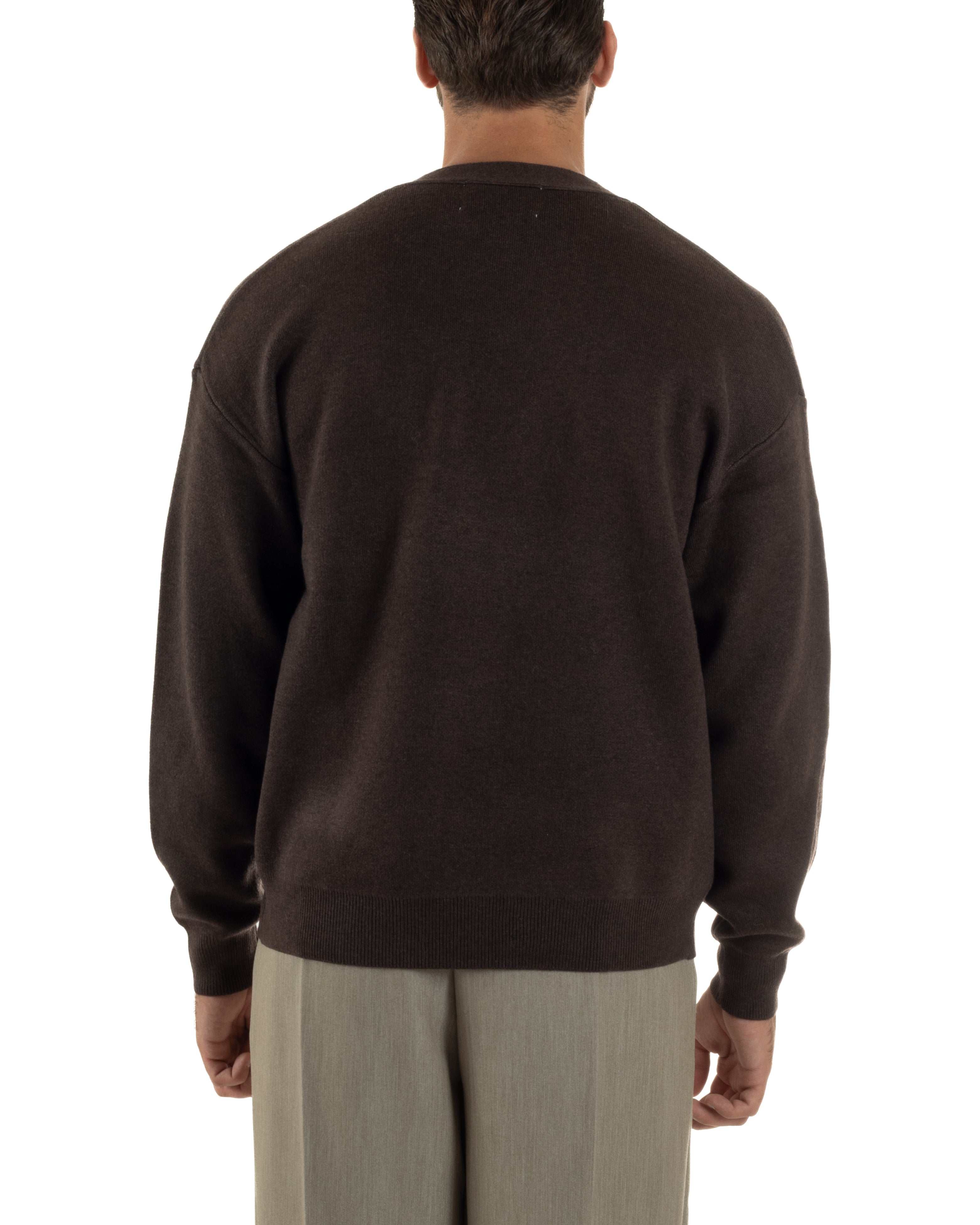 Cardigan Uomo Boxy Fit Cropped Maglia Lana Marrone M3008A