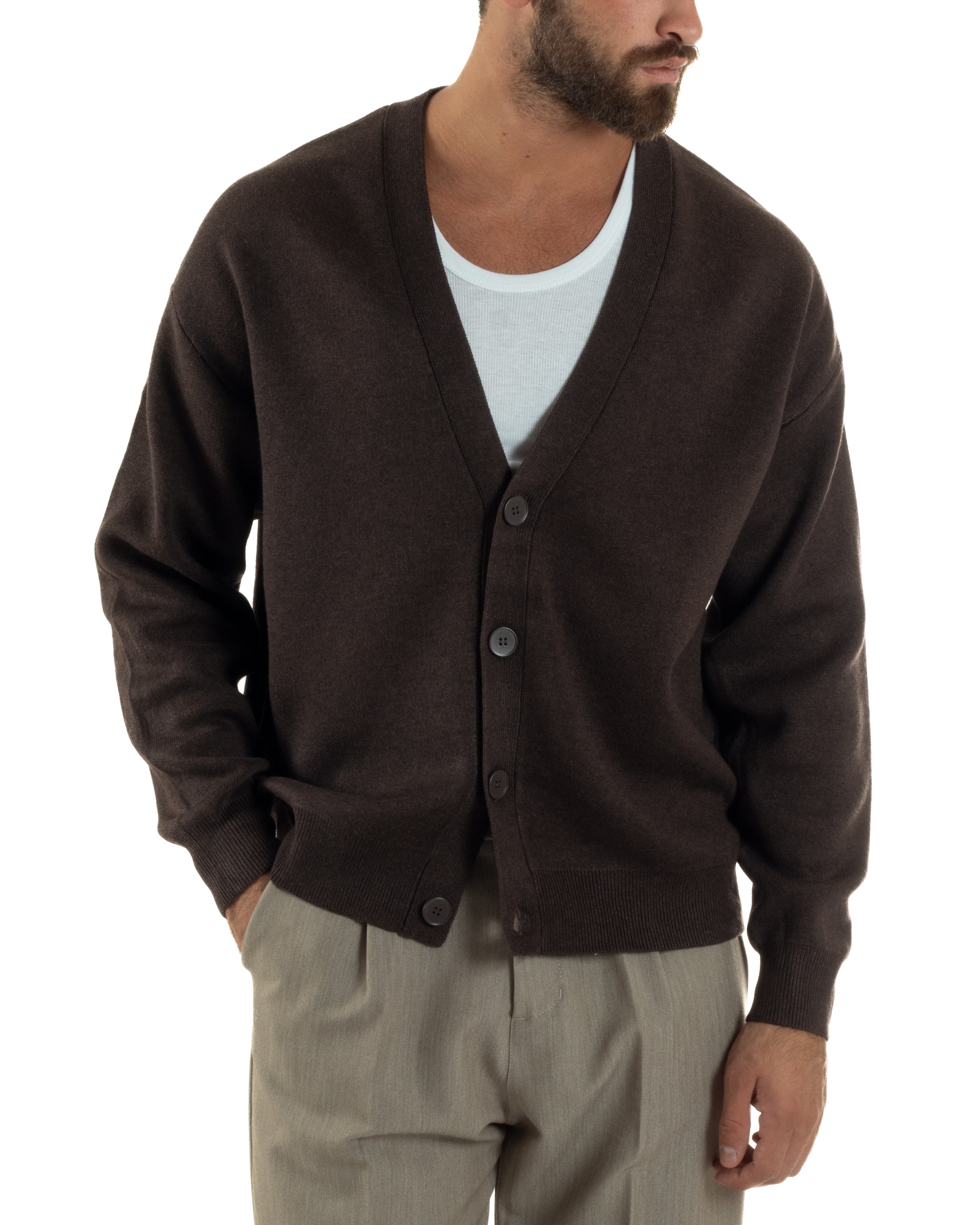 Cardigan Uomo Boxy Fit Cropped Maglia Lana Marrone M3008A