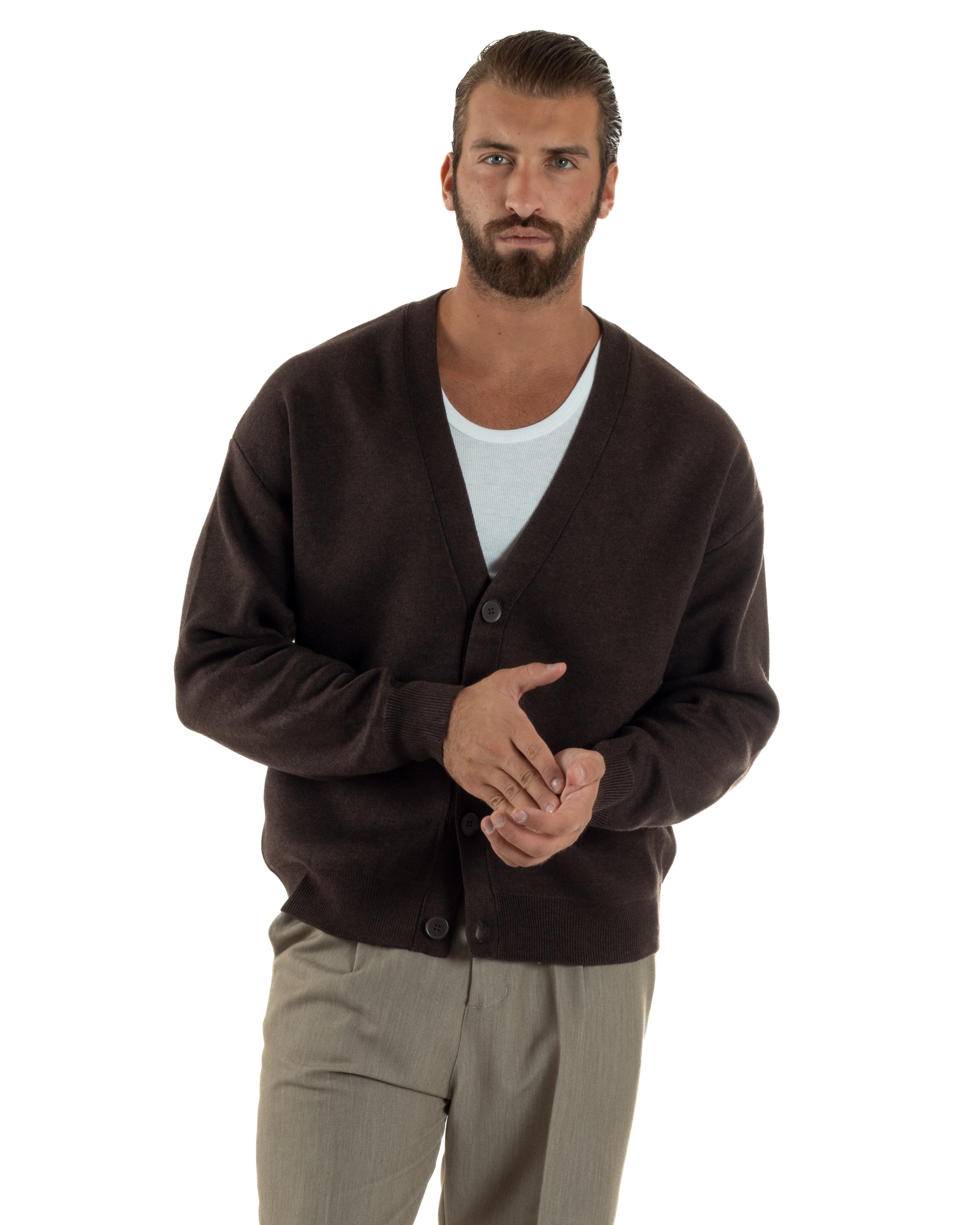 Cardigan Uomo Boxy Fit Cropped Maglia Lana Marrone M3008A