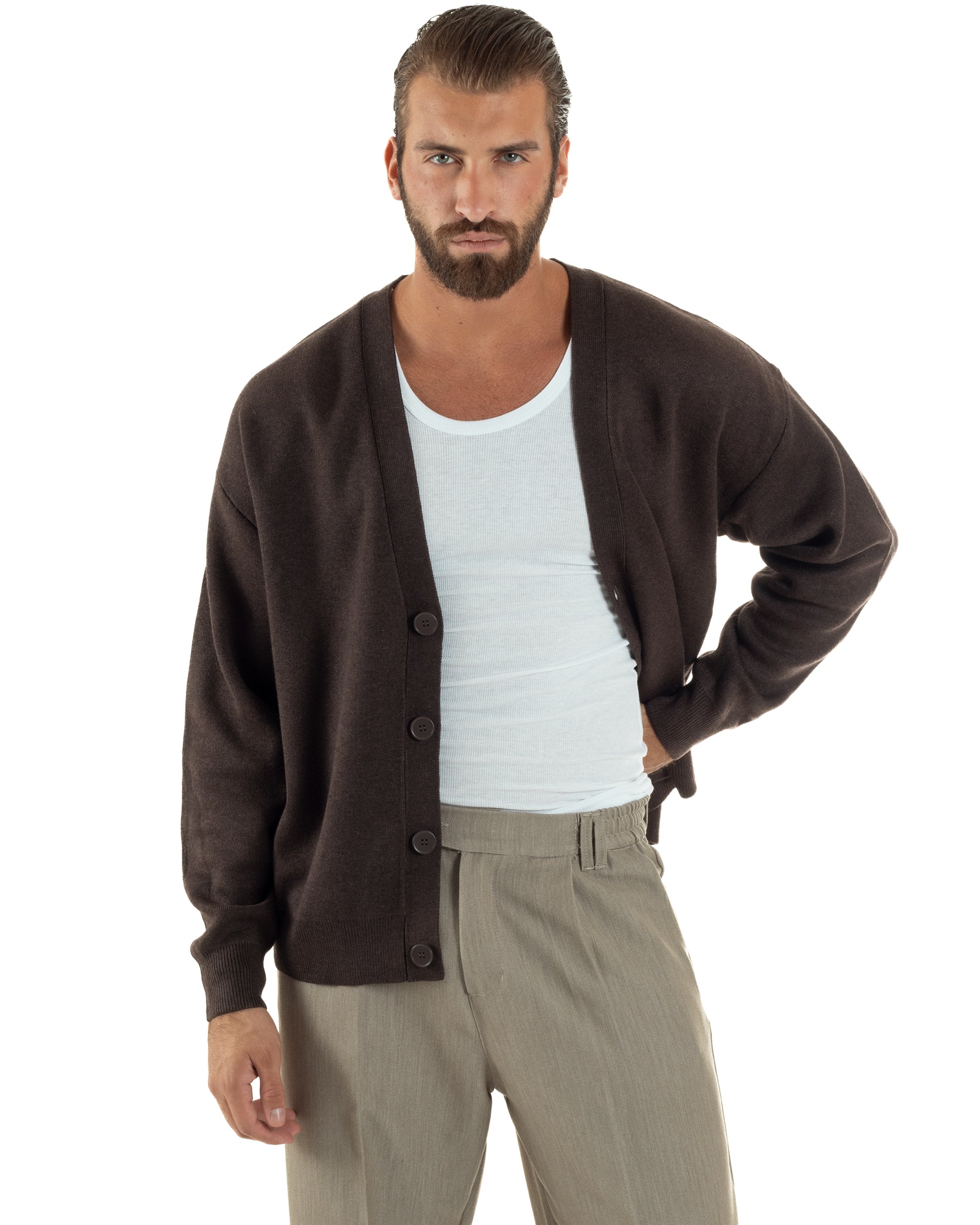 Cardigan Uomo Boxy Fit Cropped Maglia Lana Marrone M3008A