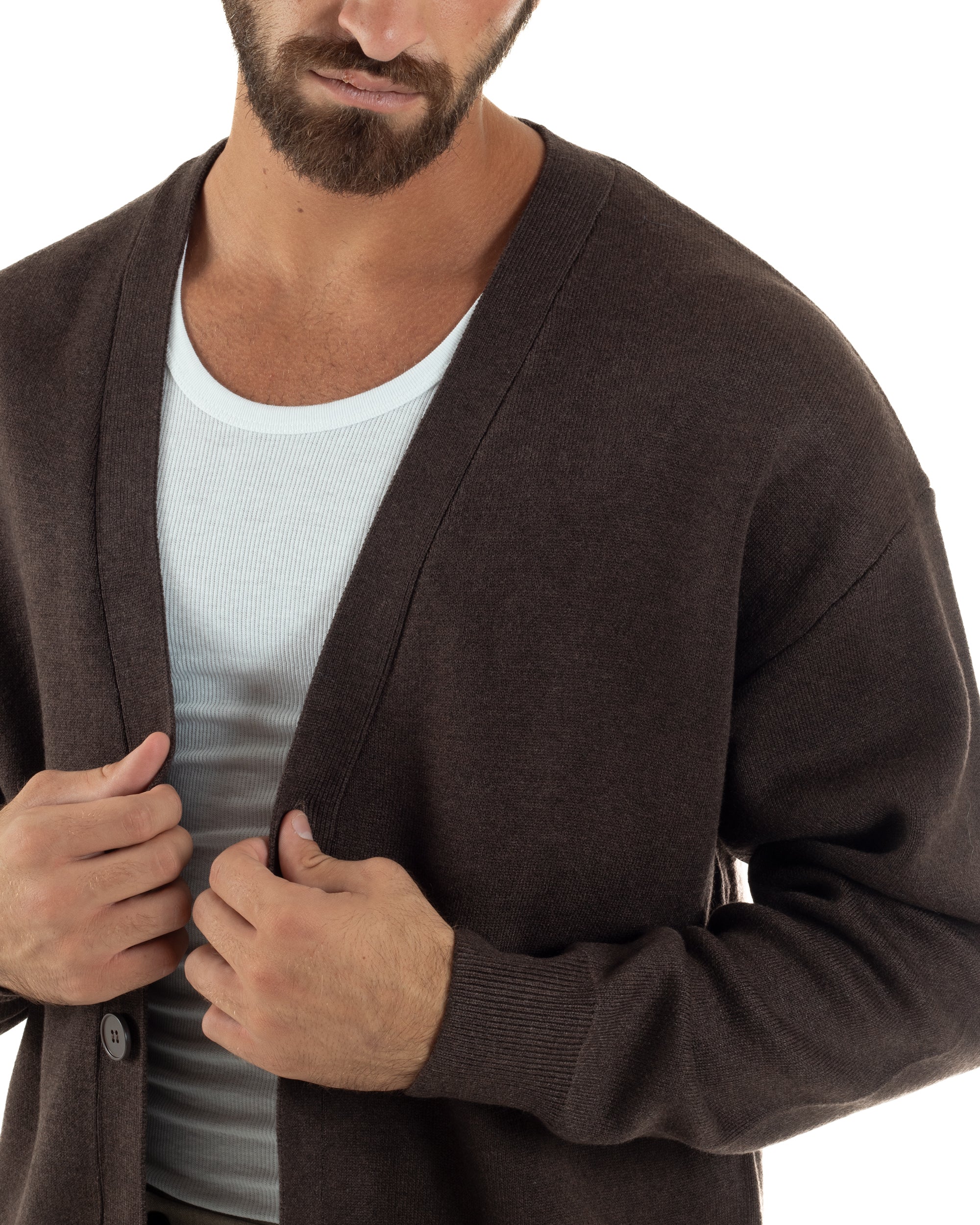 Cardigan Uomo Boxy Fit Cropped Maglia Lana Marrone M3008A