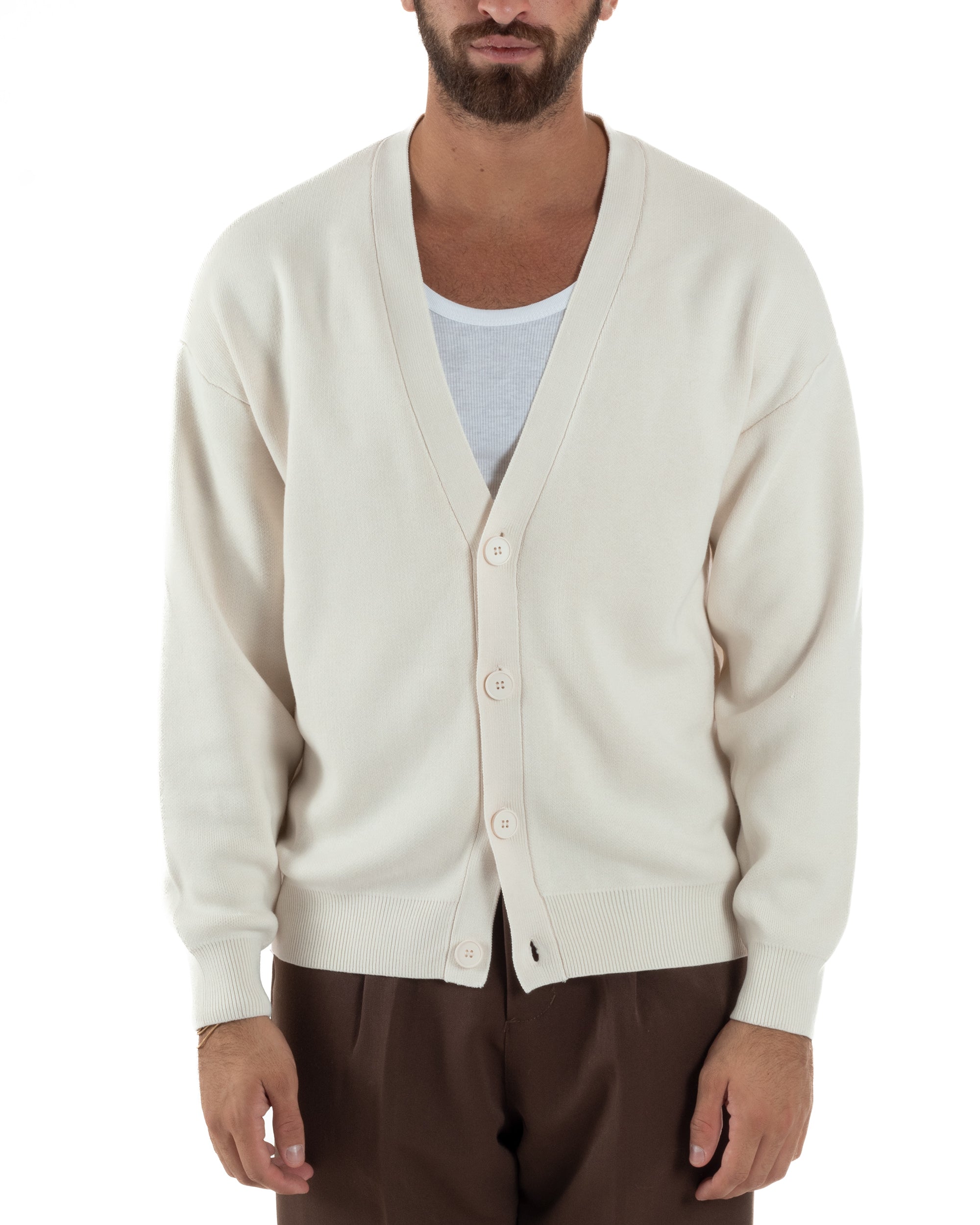 Cardigan Uomo Boxy Fit Cropped Maglia Lana Panna M3010A