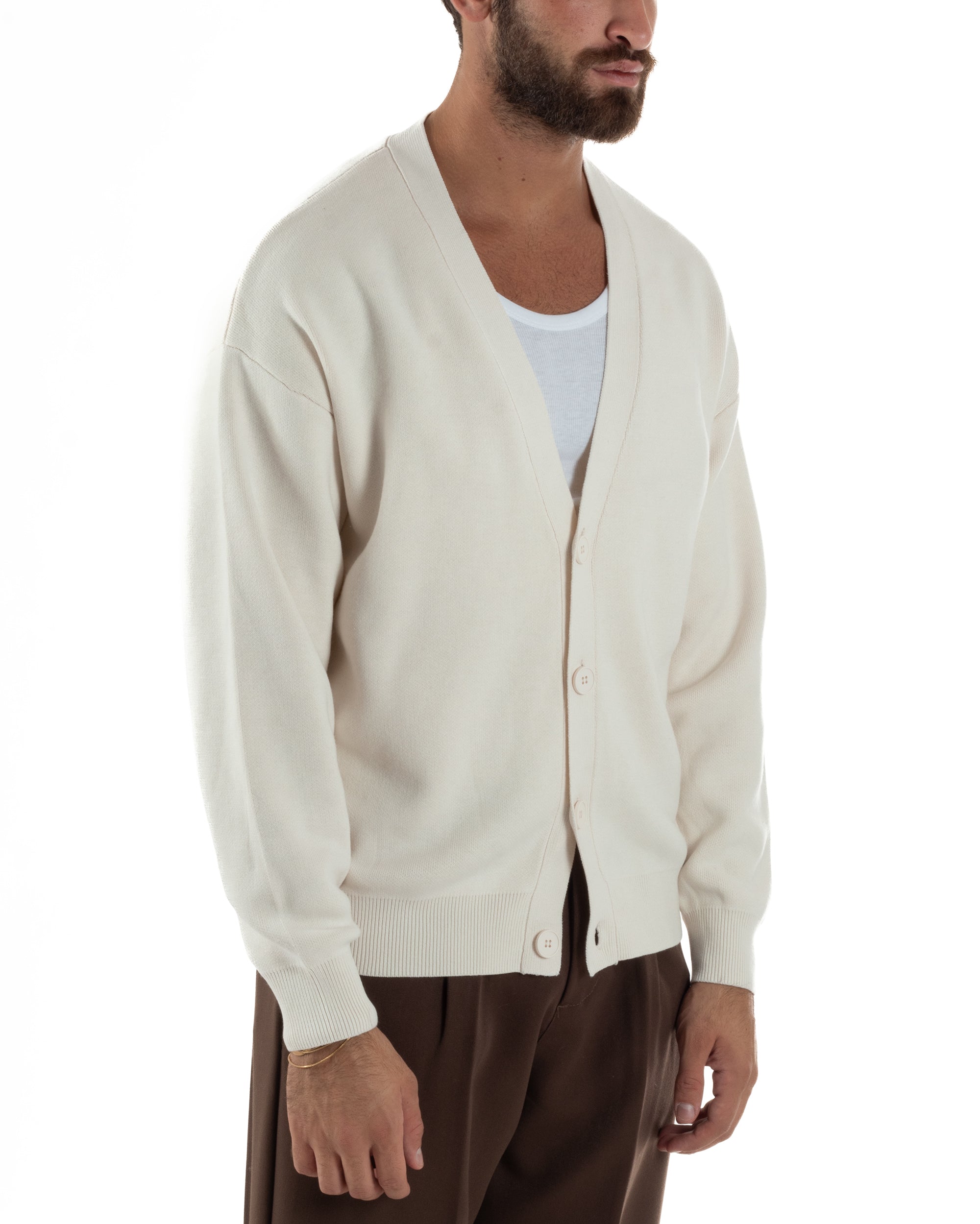 Cardigan Uomo Boxy Fit Cropped Maglia Lana Panna M3010A