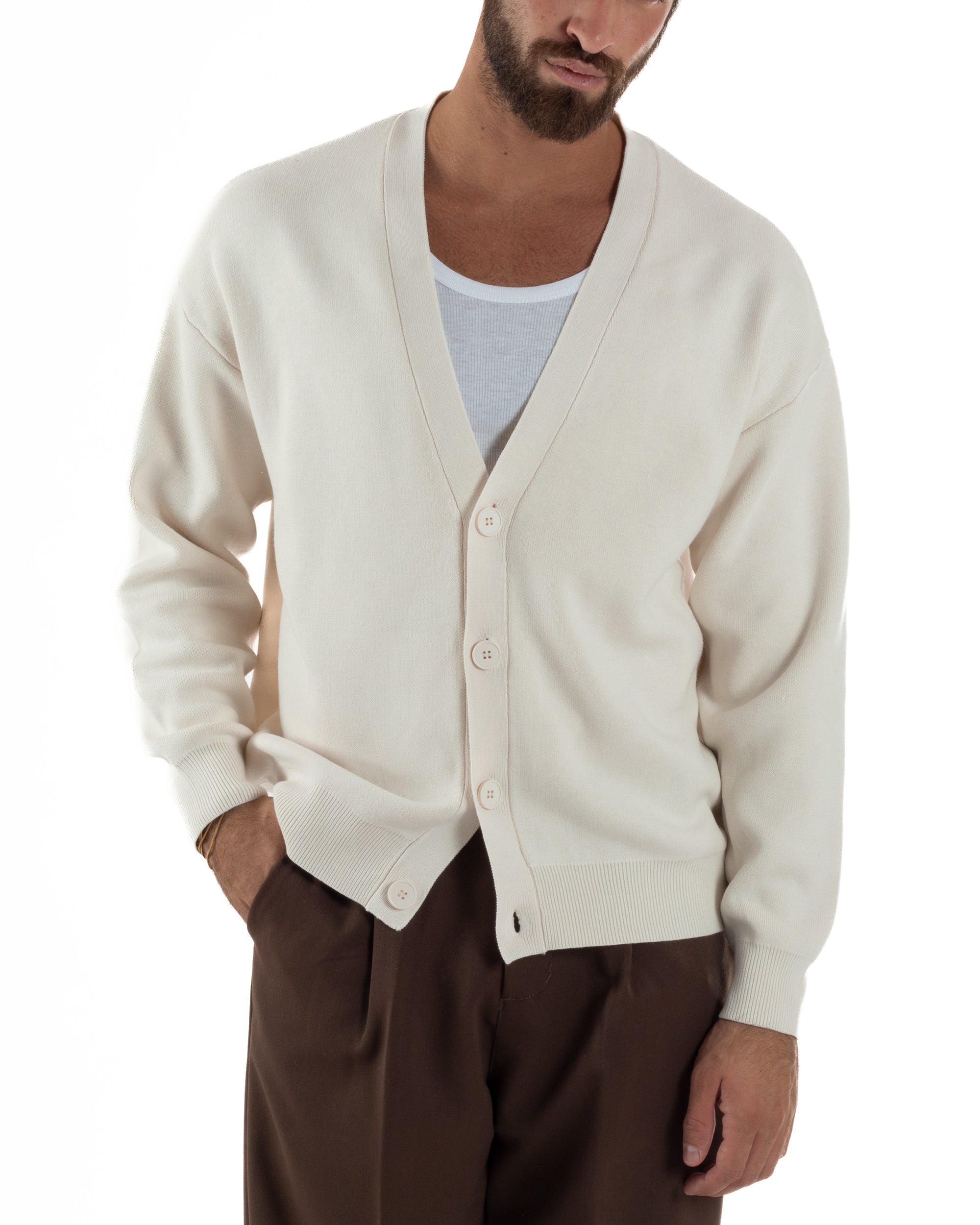 Cardigan Uomo Boxy Fit Cropped Maglia Lana Panna M3010A
