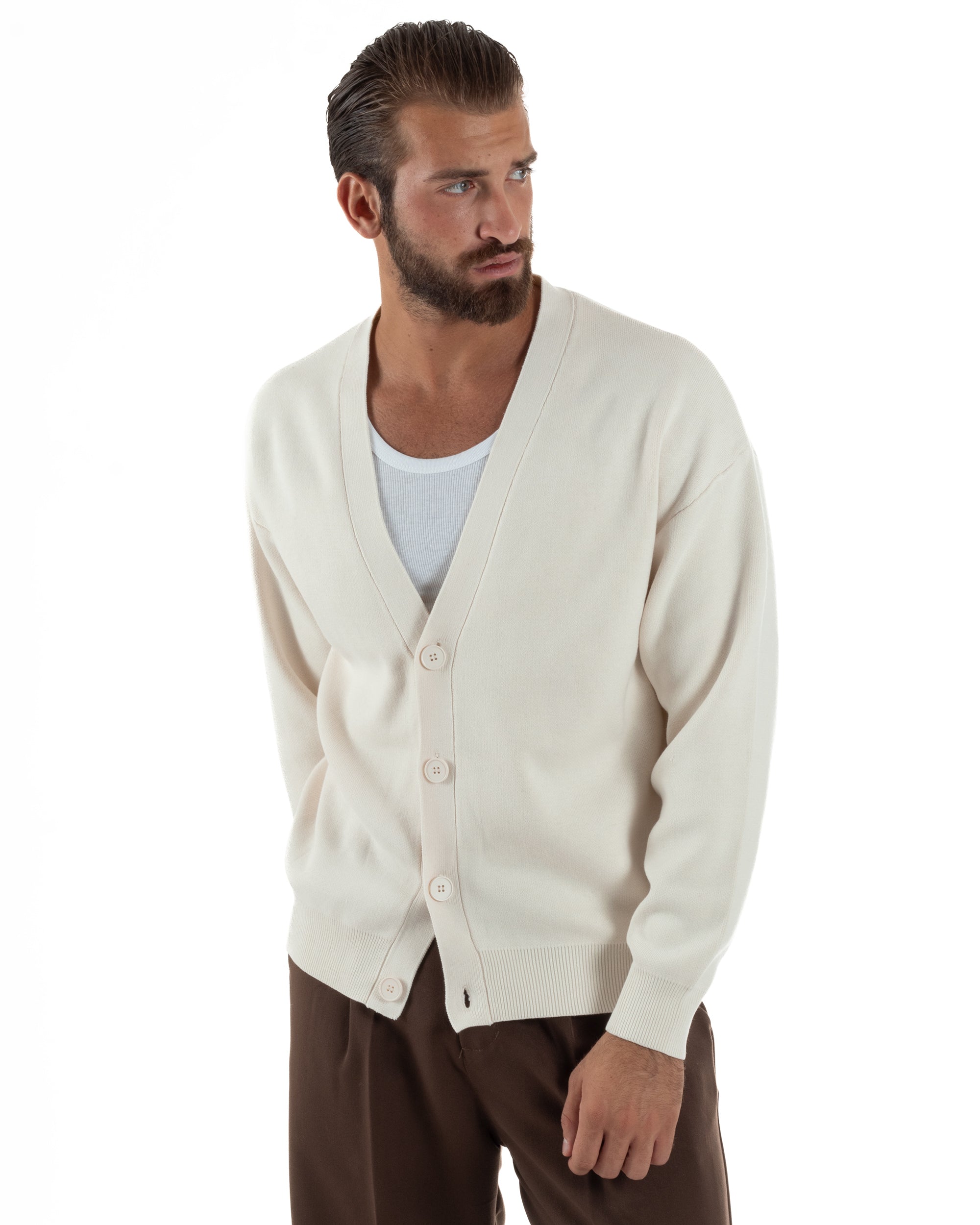 Cardigan Uomo Boxy Fit Cropped Maglia Lana Panna M3010A