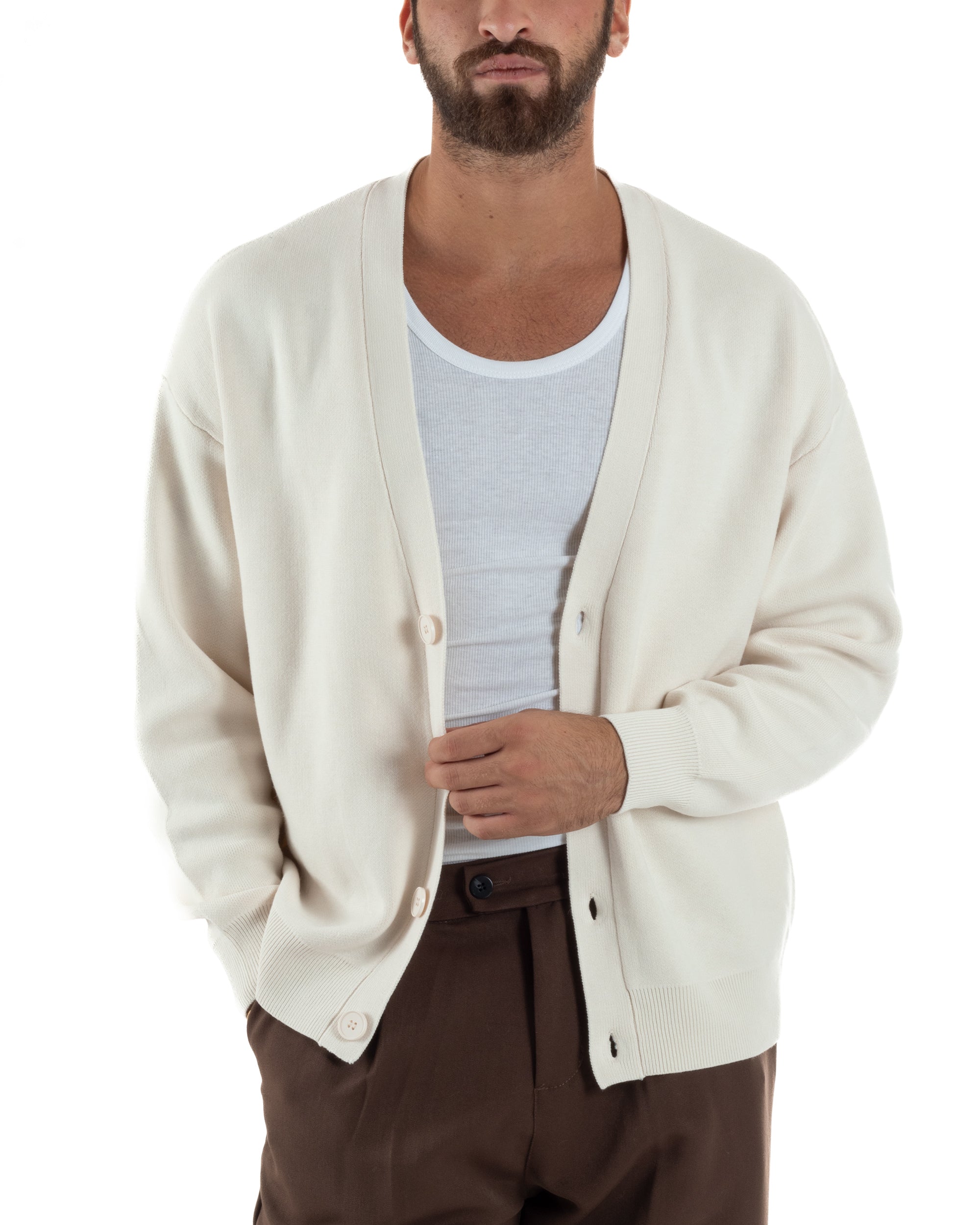 Cardigan Uomo Boxy Fit Cropped Maglia Lana Panna M3010A