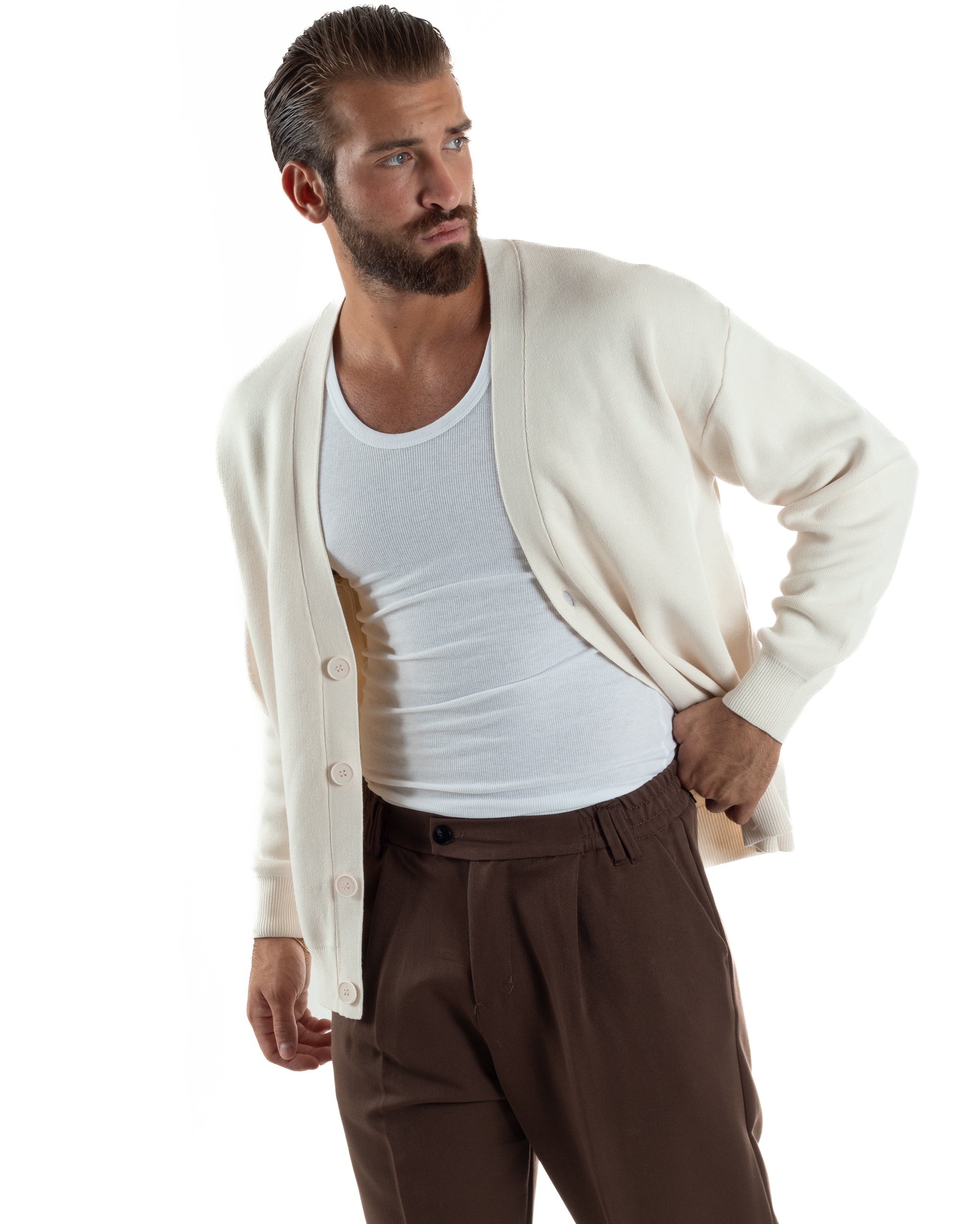 Cardigan Uomo Boxy Fit Cropped Maglia Lana Panna M3010A