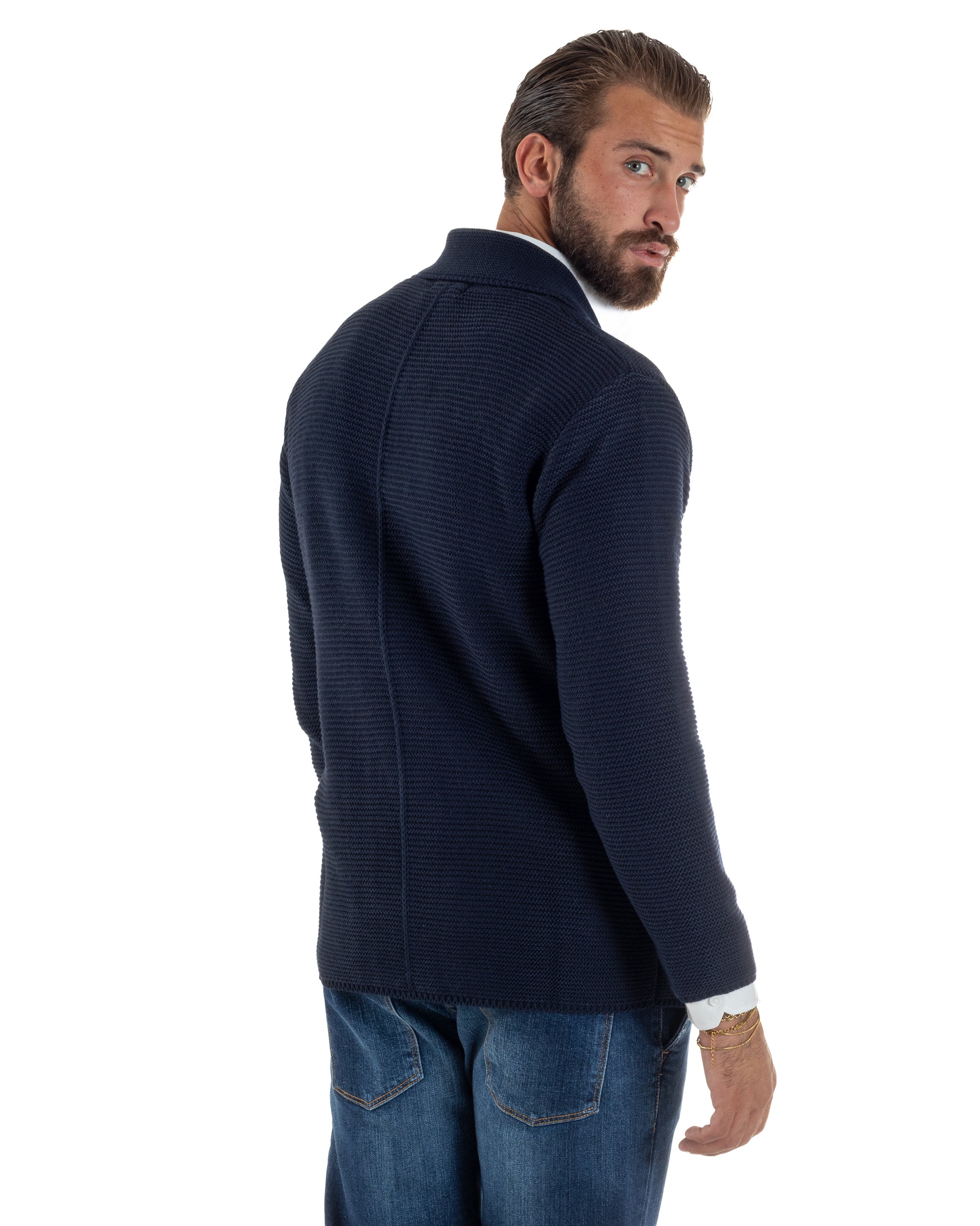 Cardigan Uomo Doppiopetto Maglia Links Tinta Unita Blu BlackSunday M3015A