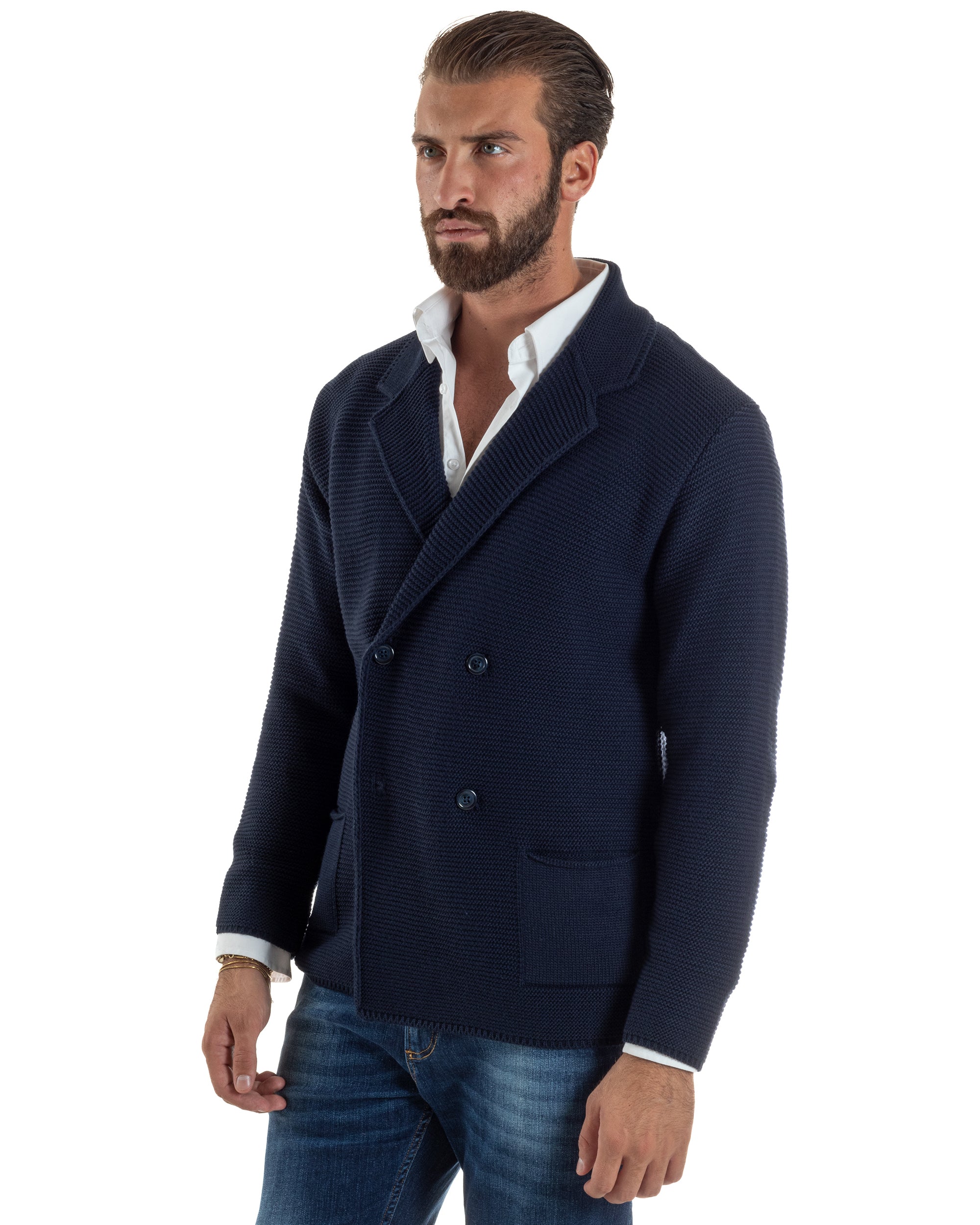 Cardigan Uomo Doppiopetto Maglia Links Tinta Unita Blu BlackSunday M3015A