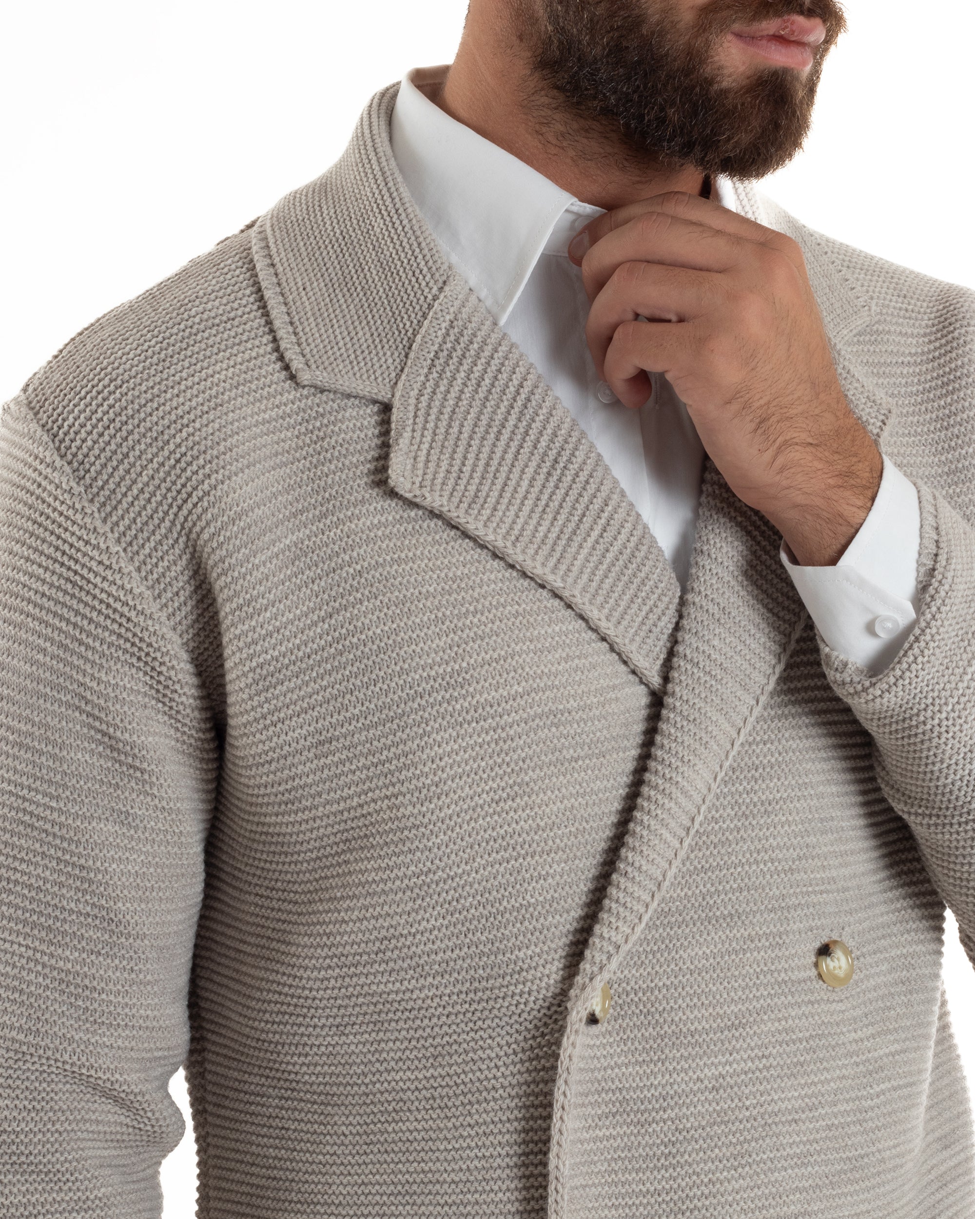 Cardigan Uomo Doppiopetto Maglia Links Tinta Unita Beige BlackSunday M3016A