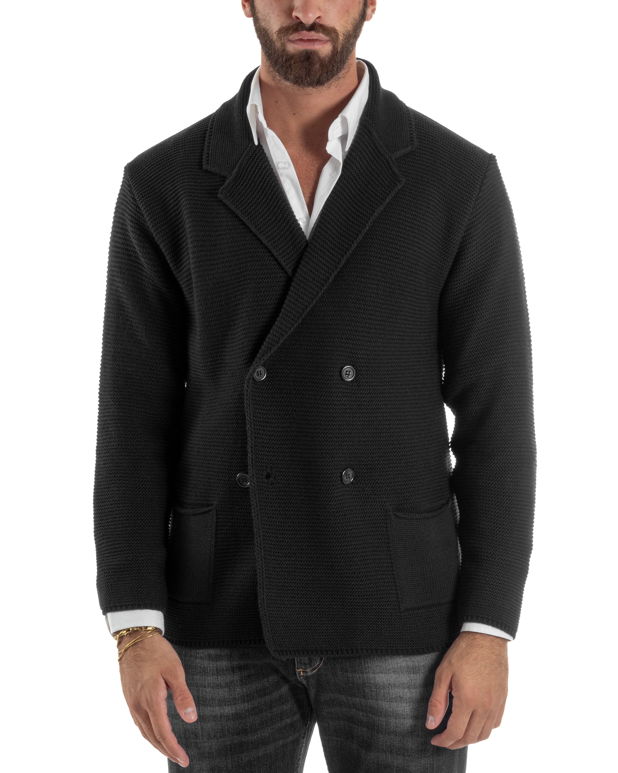 Cardigan Uomo Doppiopetto Maglia Links Tinta Unita Nero BlackSunday M3017A