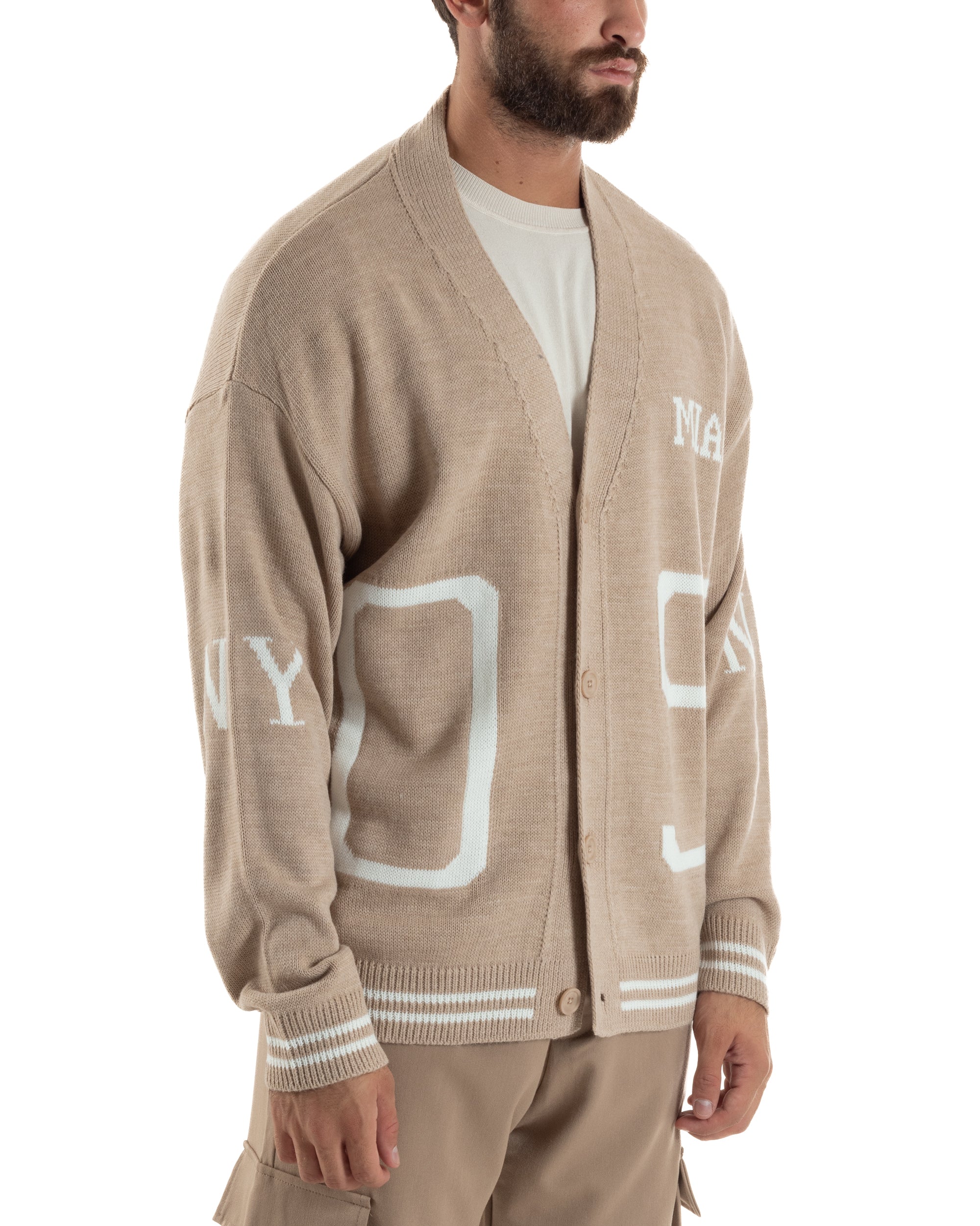 Cardigan Uomo Lana Maglia Scollo a V Relaxed Fit Beige M3020A