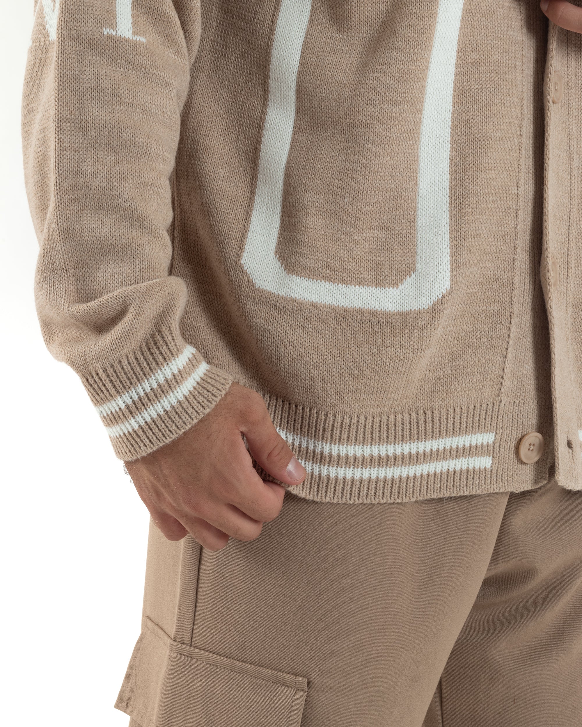 Cardigan Uomo Lana Maglia Scollo a V Relaxed Fit Beige M3020A