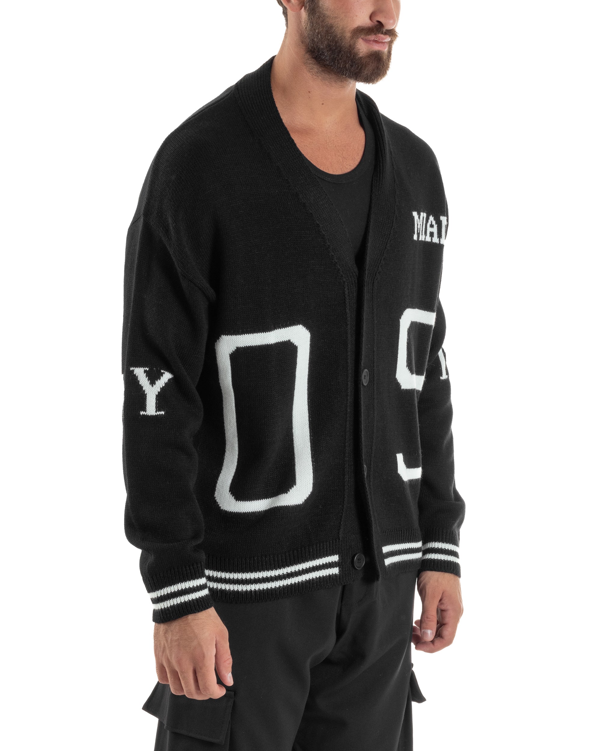 Cardigan Uomo Lana Maglia Scollo a V Relaxed Fit Nero M3021A