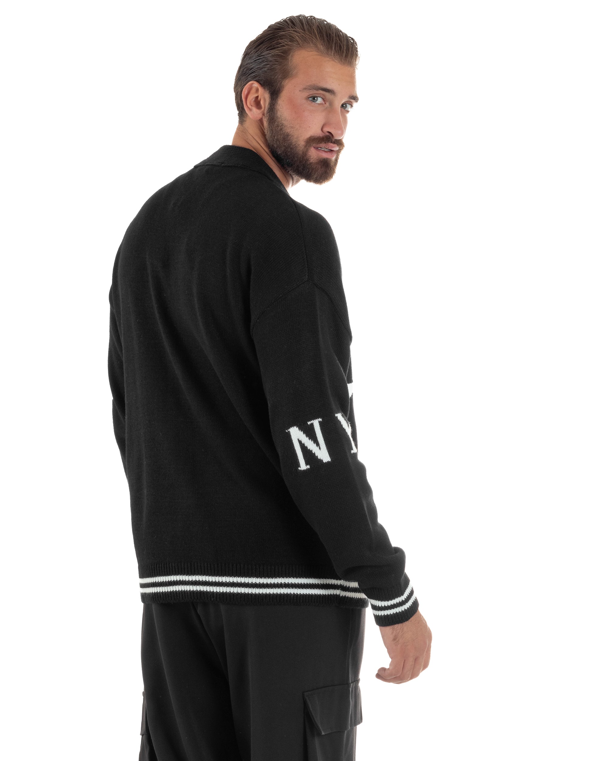 Cardigan Uomo Lana Maglia Scollo a V Relaxed Fit Nero M3021A