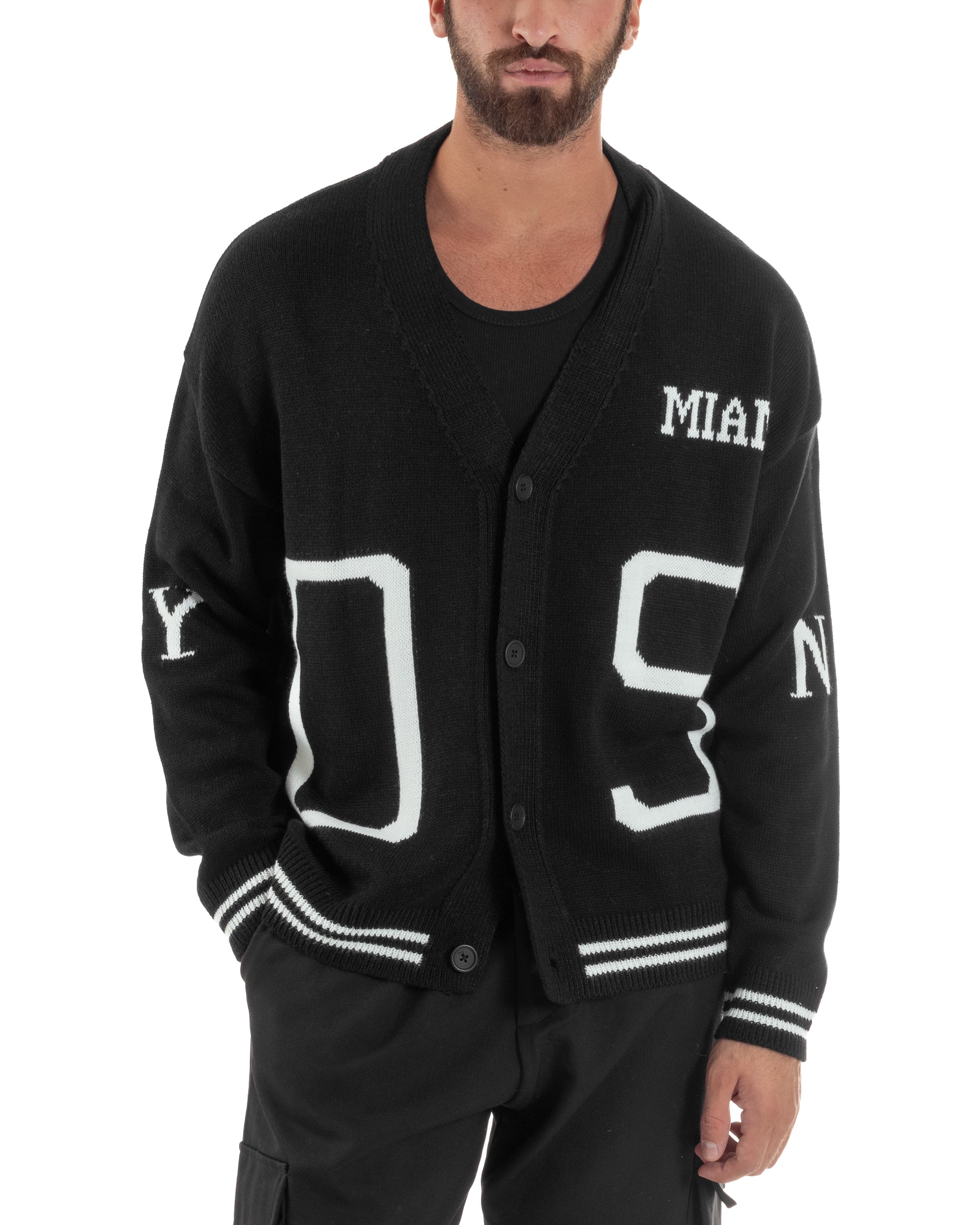 Cardigan Uomo Lana Maglia Scollo a V Relaxed Fit Nero M3021A