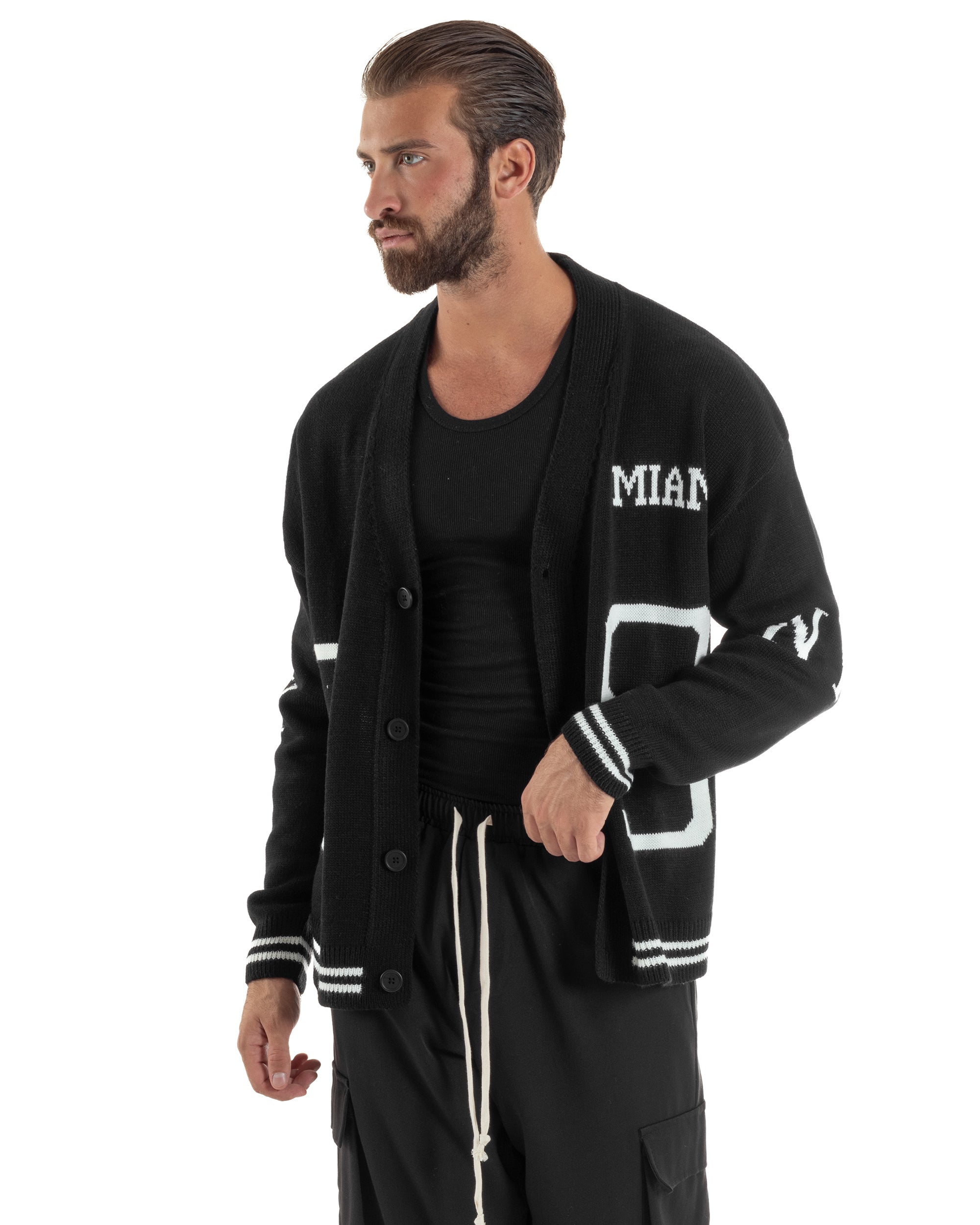 Cardigan Uomo Lana Maglia Scollo a V Relaxed Fit Nero M3021A