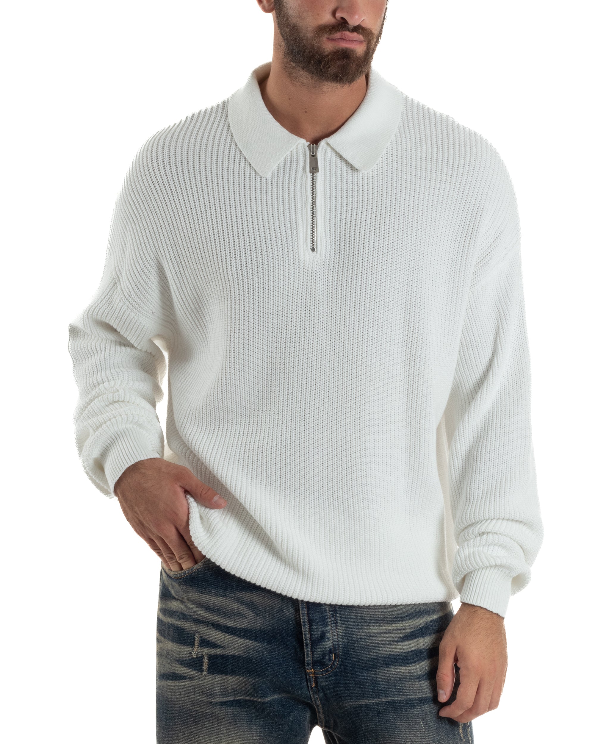 Maglione Uomo Polo Con Zip Maglia Inglese Con Colletto Bianco M3024A