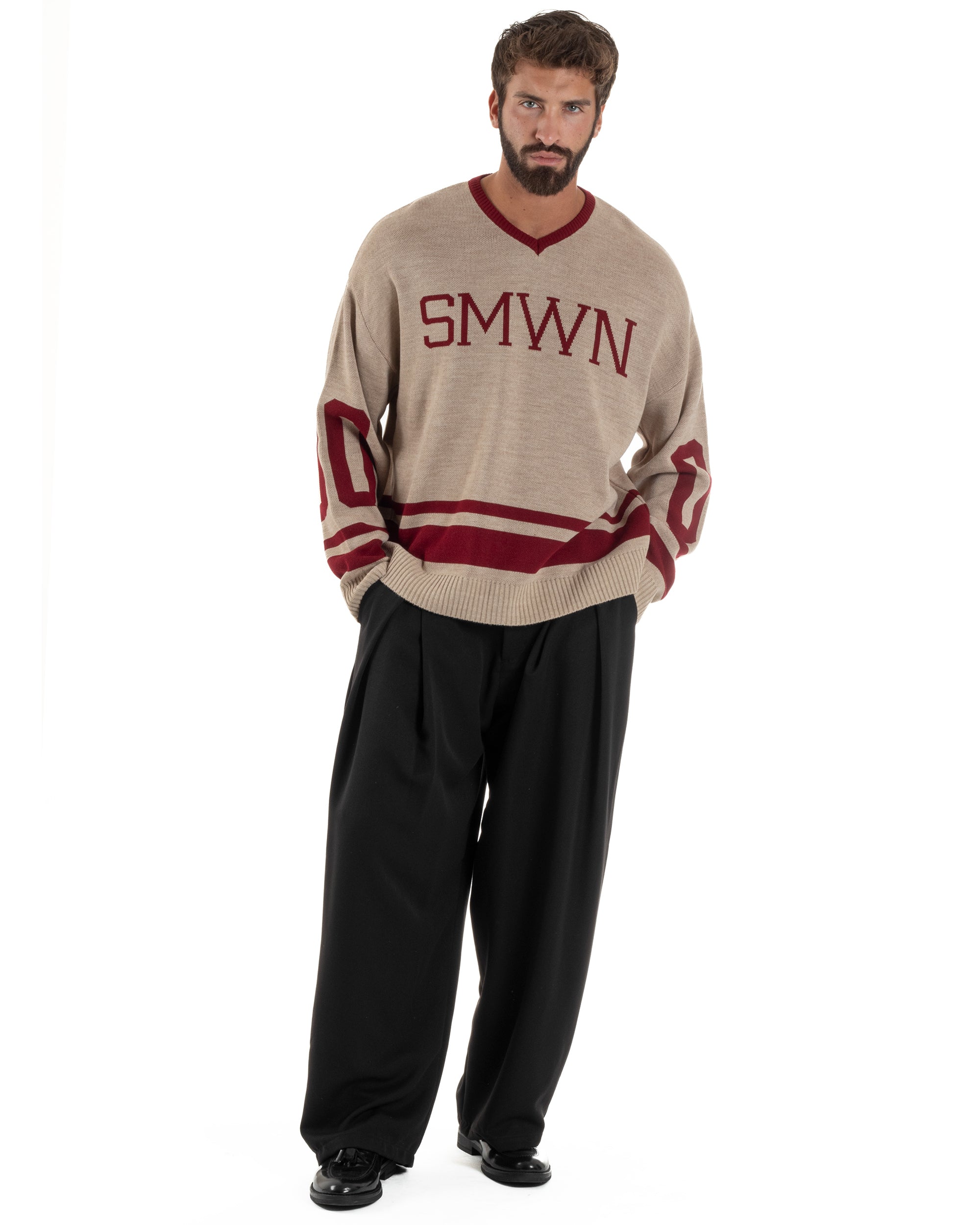 Maglione Uomo Varsity Pullover Scollo V Lana Boxy Fit Beige M3032A