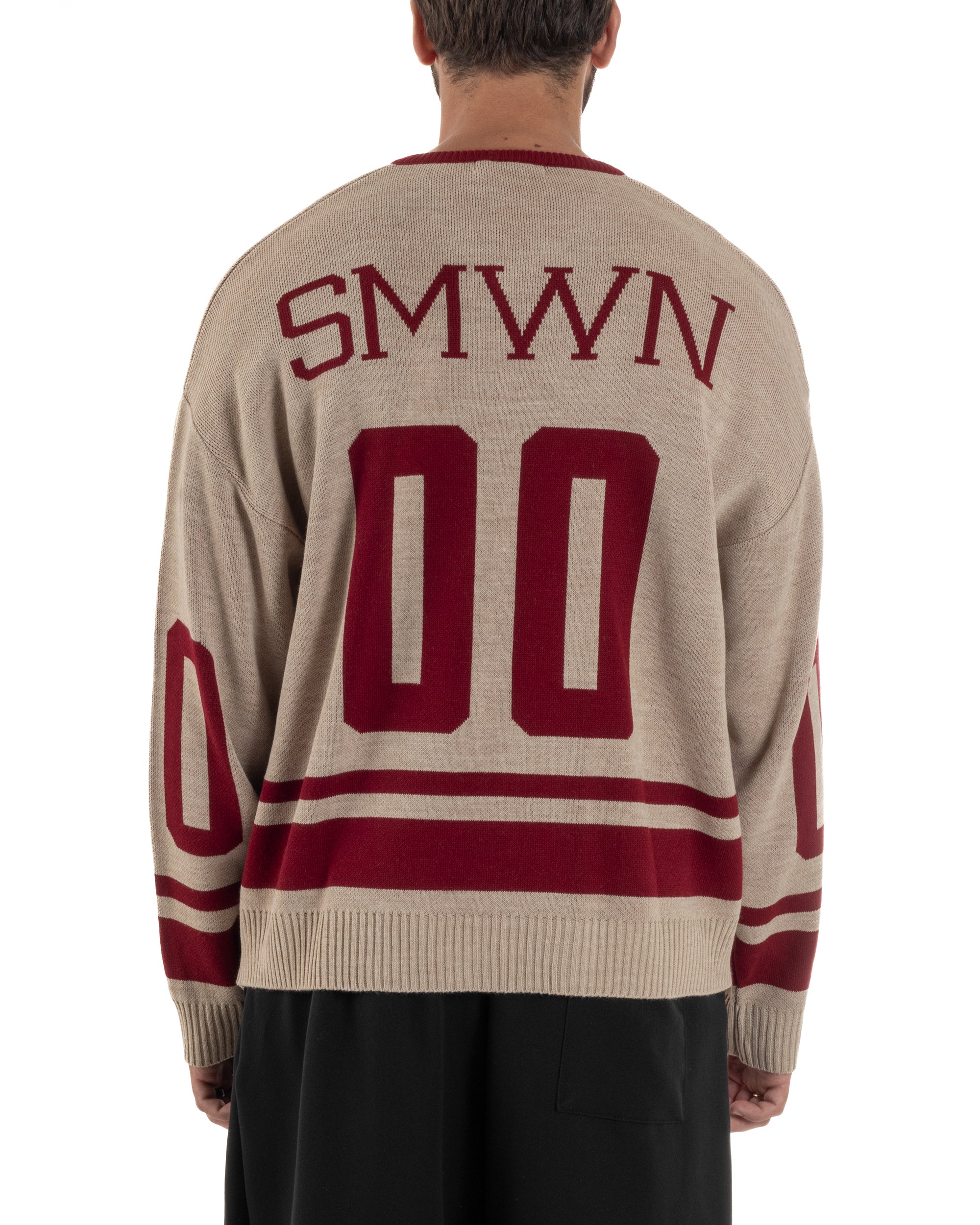 Maglione Uomo Varsity Pullover Scollo V Lana Boxy Fit Beige M3032A