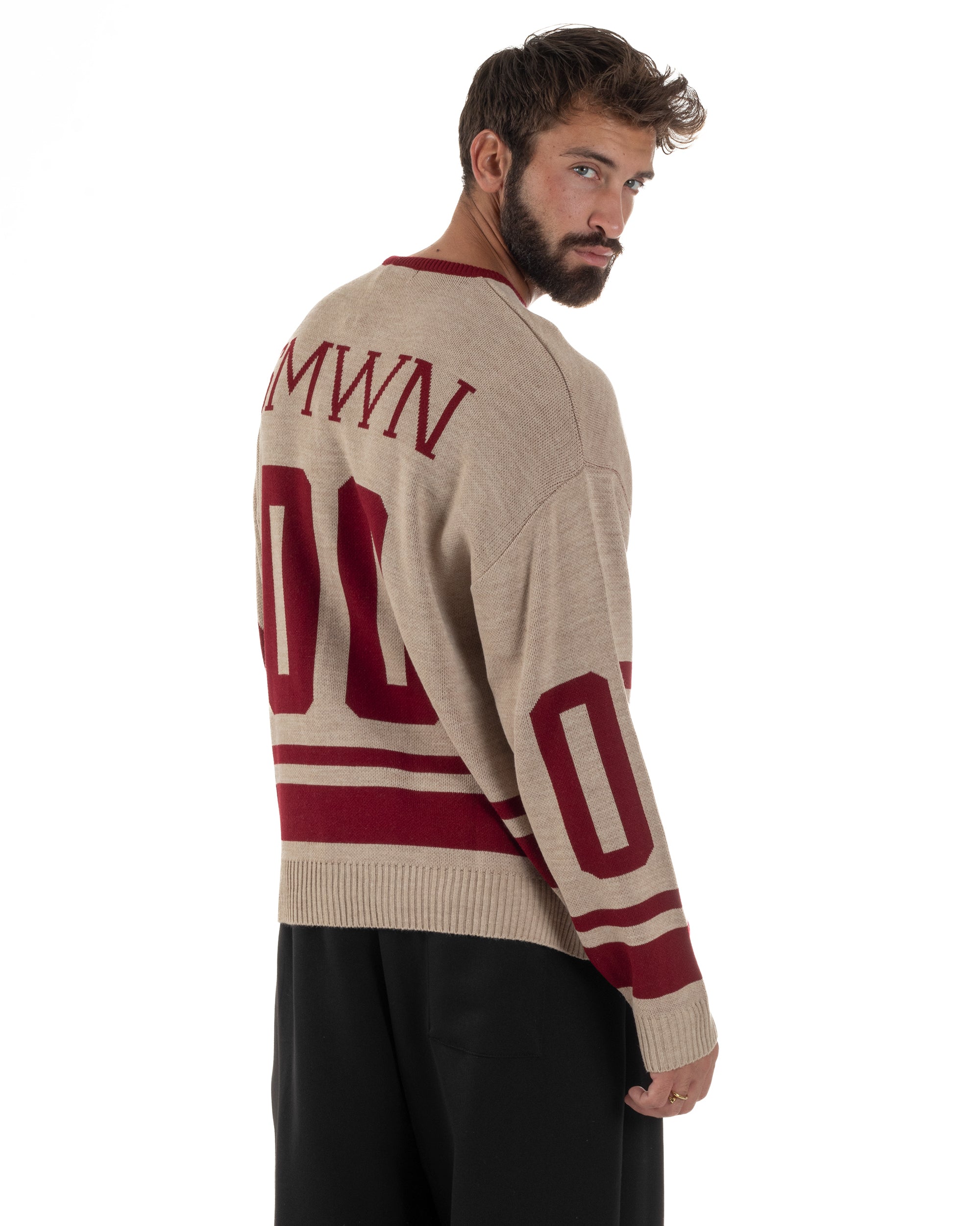 Maglione Uomo Varsity Pullover Scollo V Lana Boxy Fit Beige M3032A