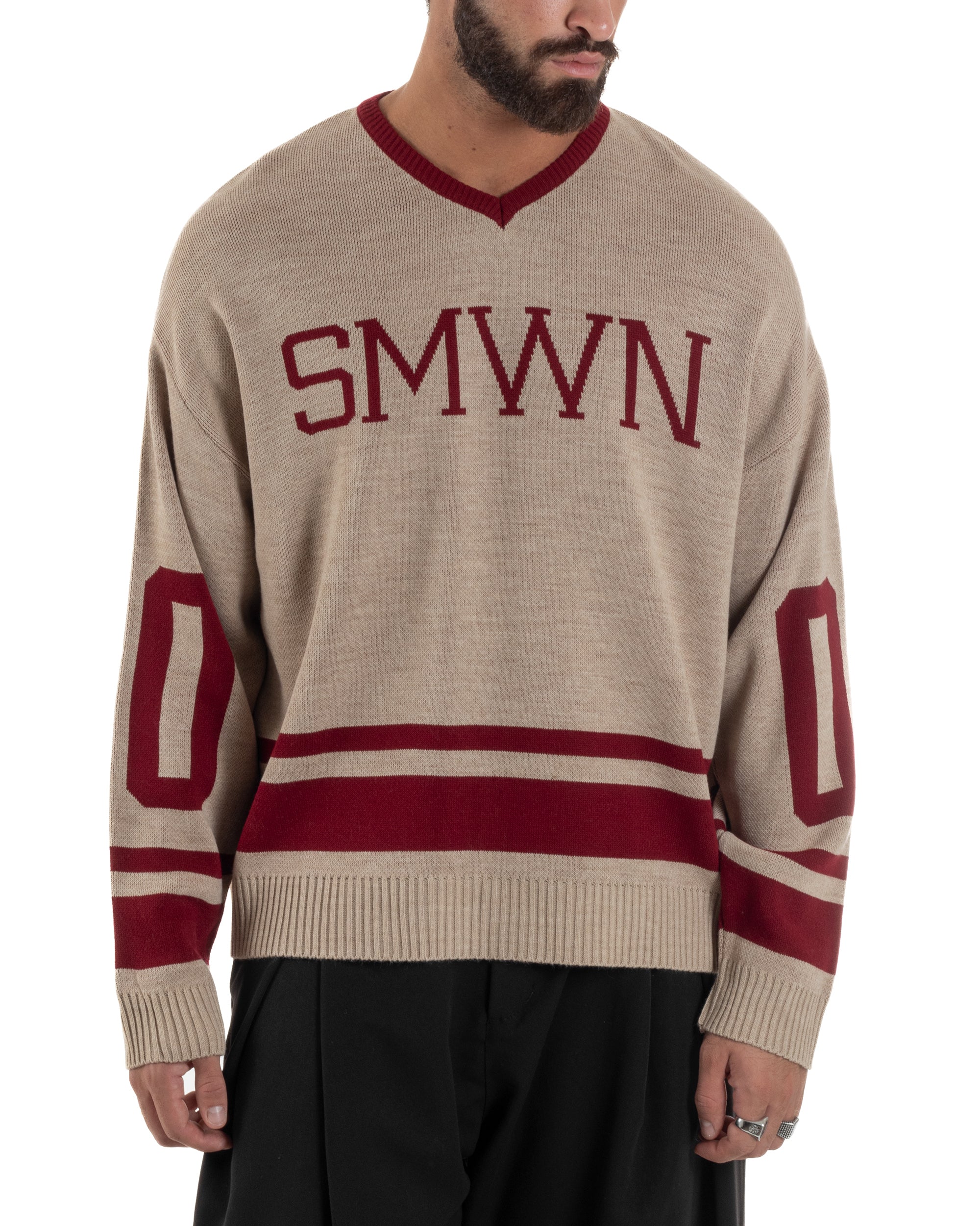 Maglione Uomo Varsity Pullover Scollo V Lana Boxy Fit Beige M3032A