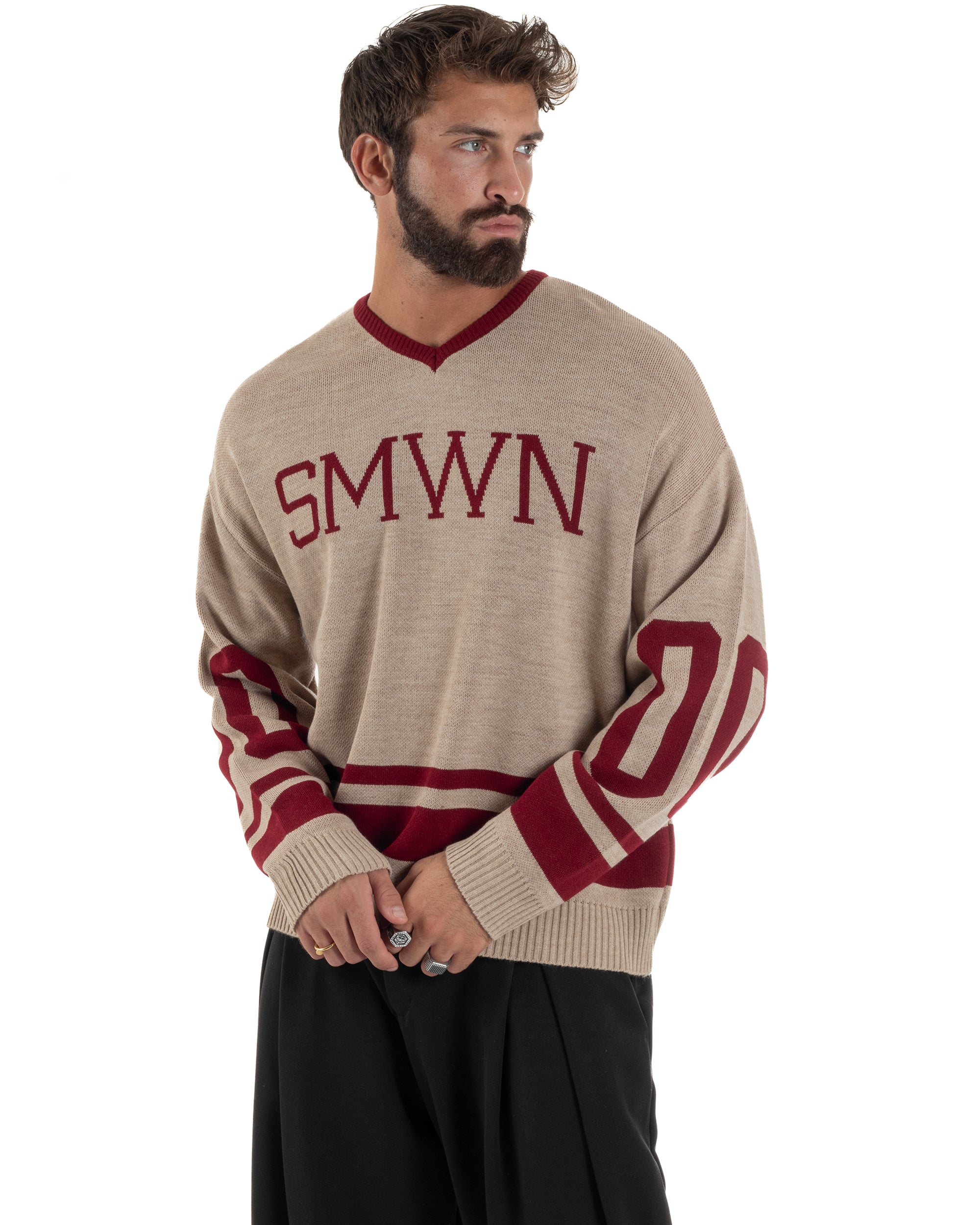 Maglione Uomo Varsity Pullover Scollo V Lana Boxy Fit Beige M3032A