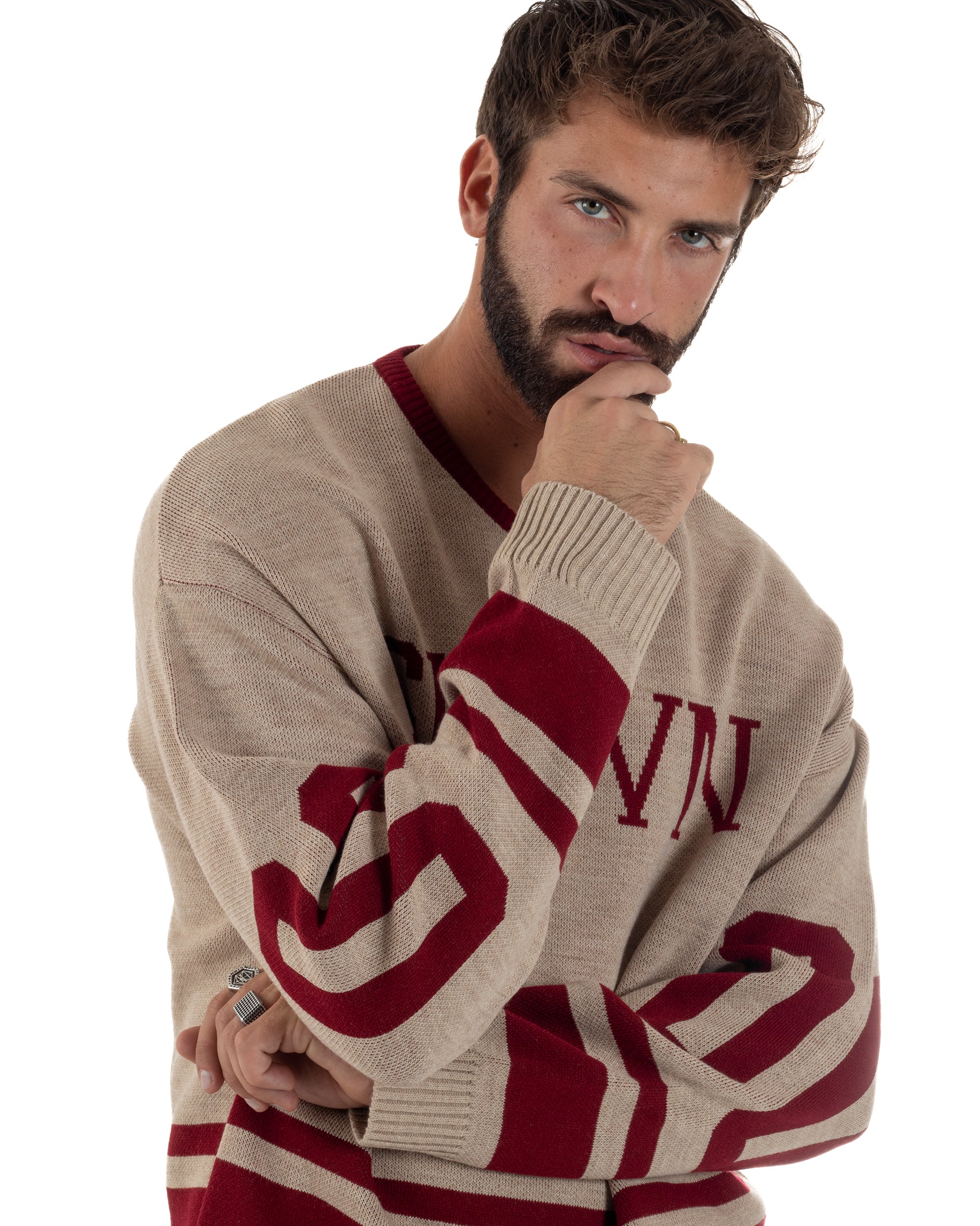 Maglione Uomo Varsity Pullover Scollo V Lana Boxy Fit Beige M3032A