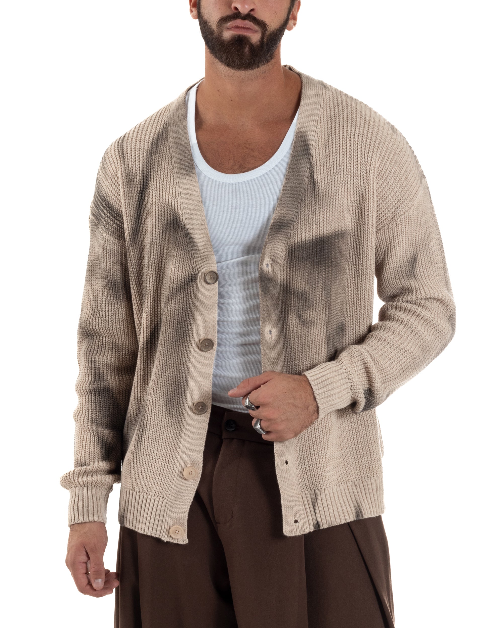 Cardigan Uomo Sfumato Tie Dye Maglia Scollo V Beige M3034A