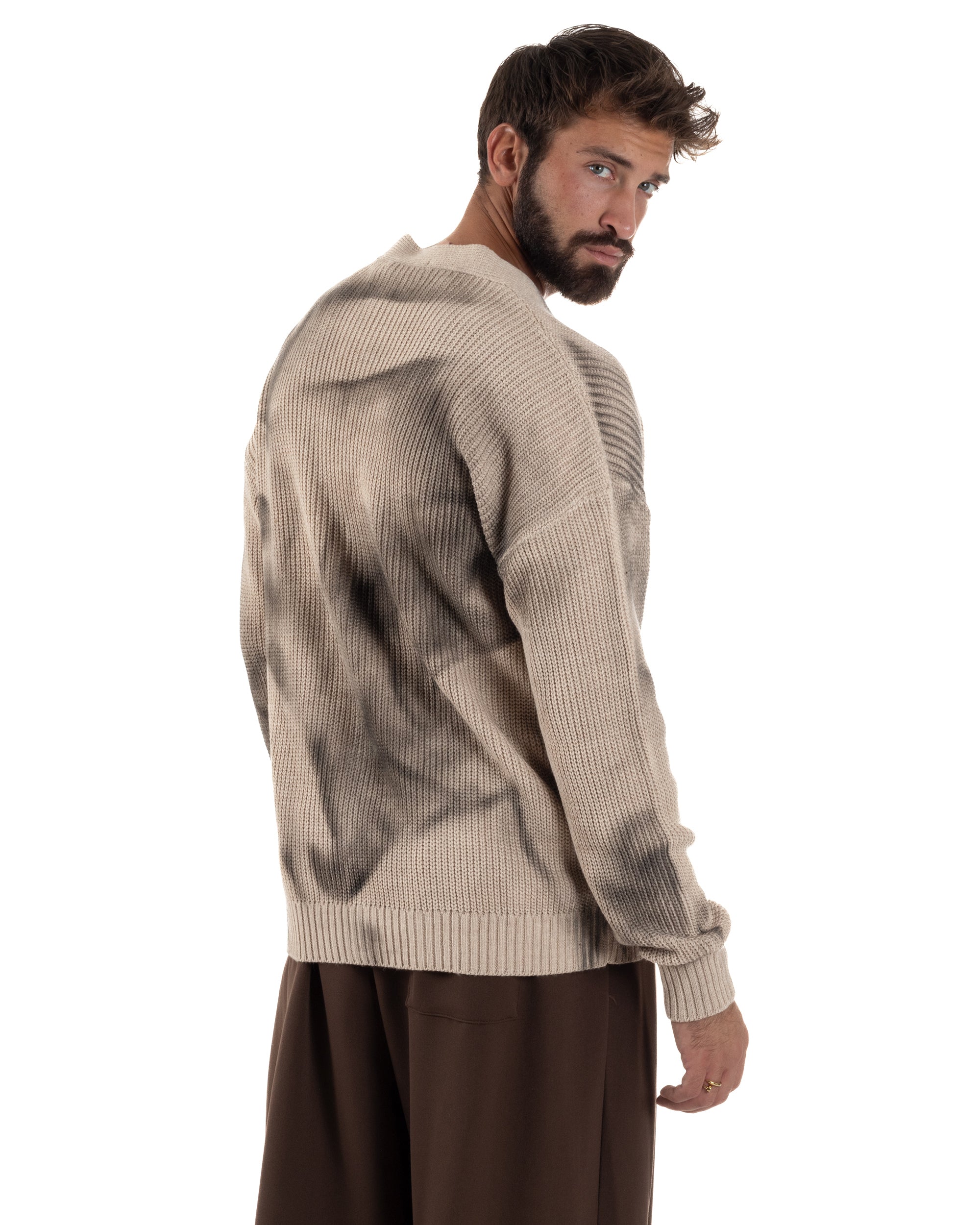 Cardigan Uomo Sfumato Tie Dye Maglia Scollo V Beige M3034A