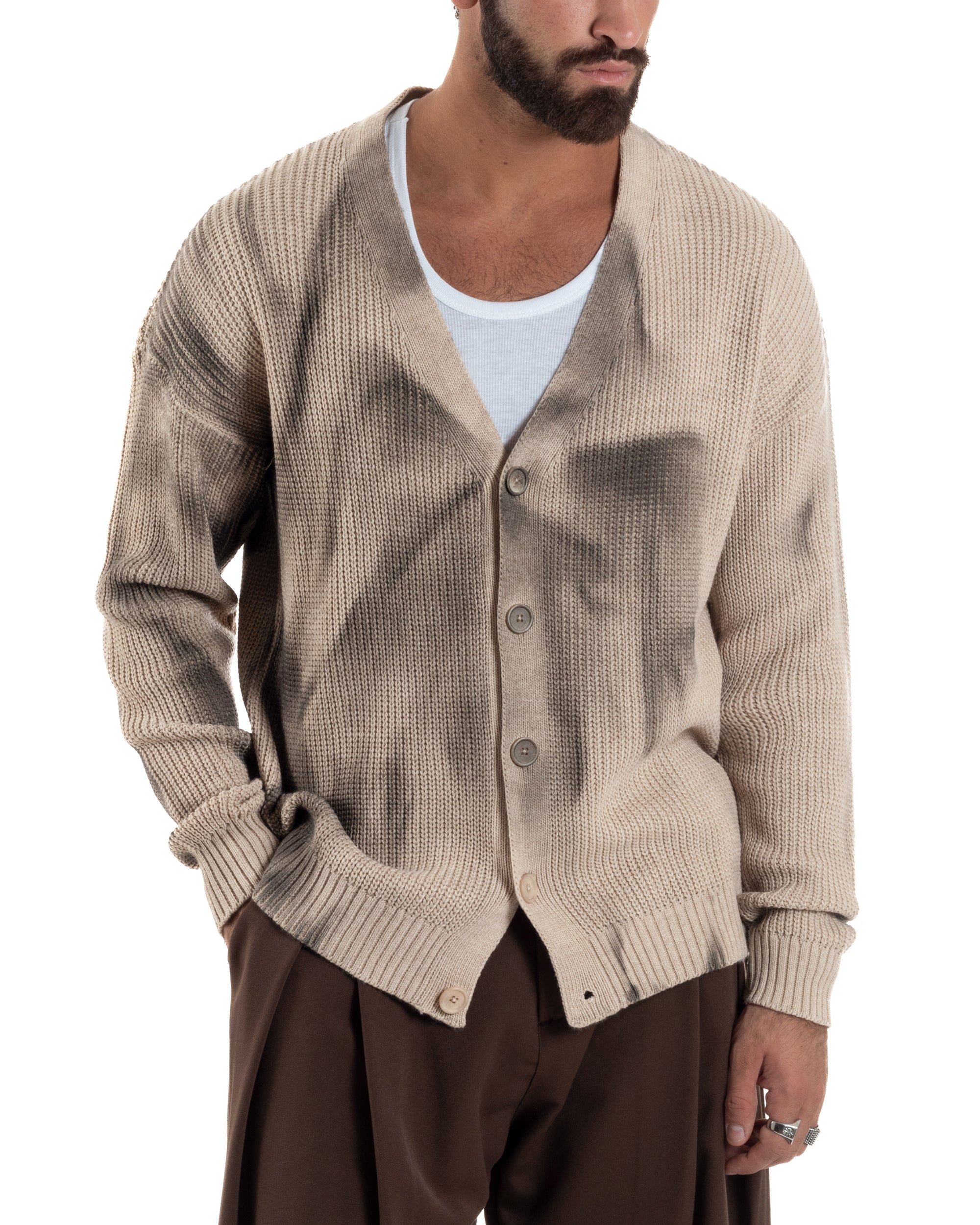 Cardigan Uomo Sfumato Tie Dye Maglia Scollo V Beige M3034A