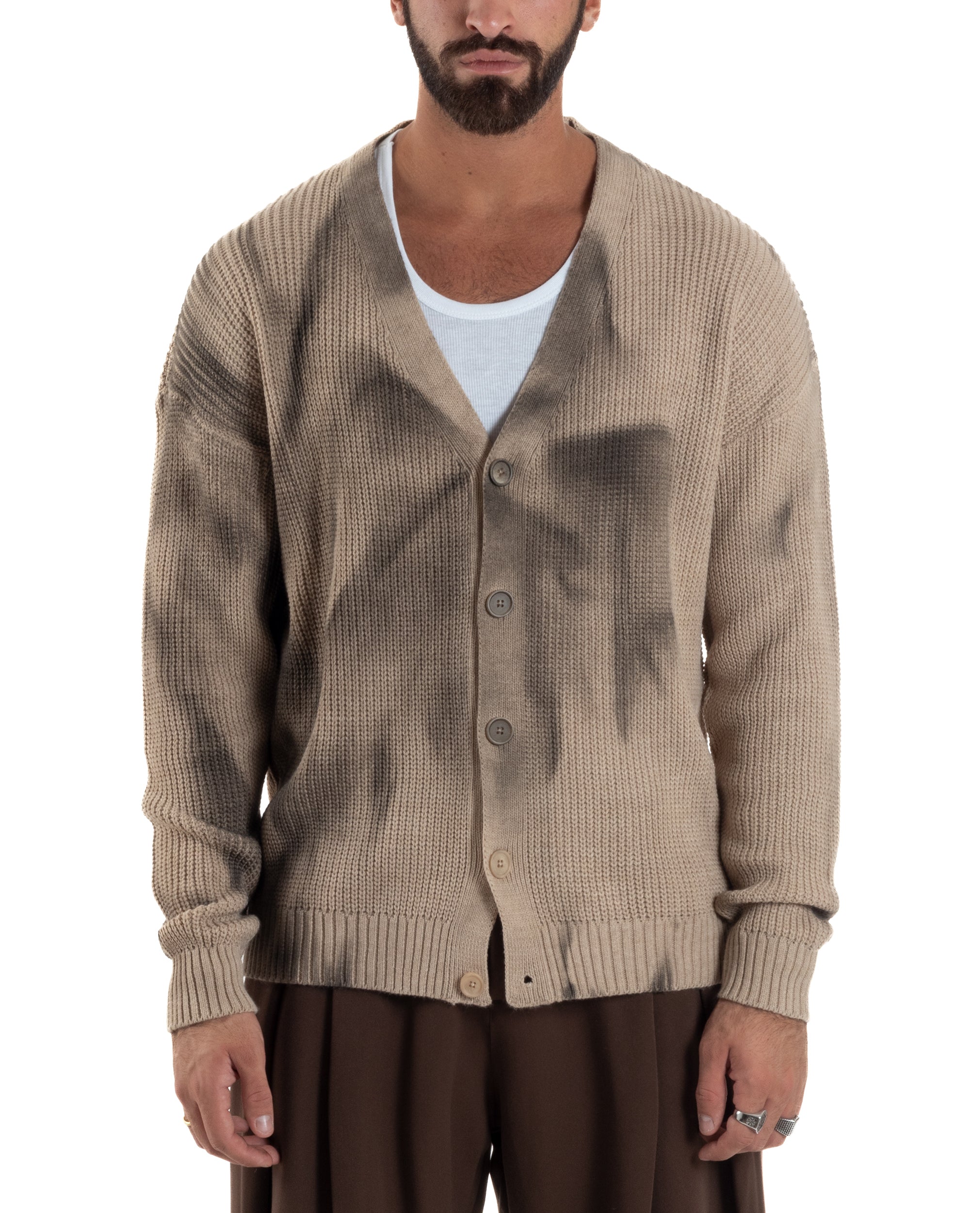 Cardigan Uomo Sfumato Tie Dye Maglia Scollo V Beige M3034A