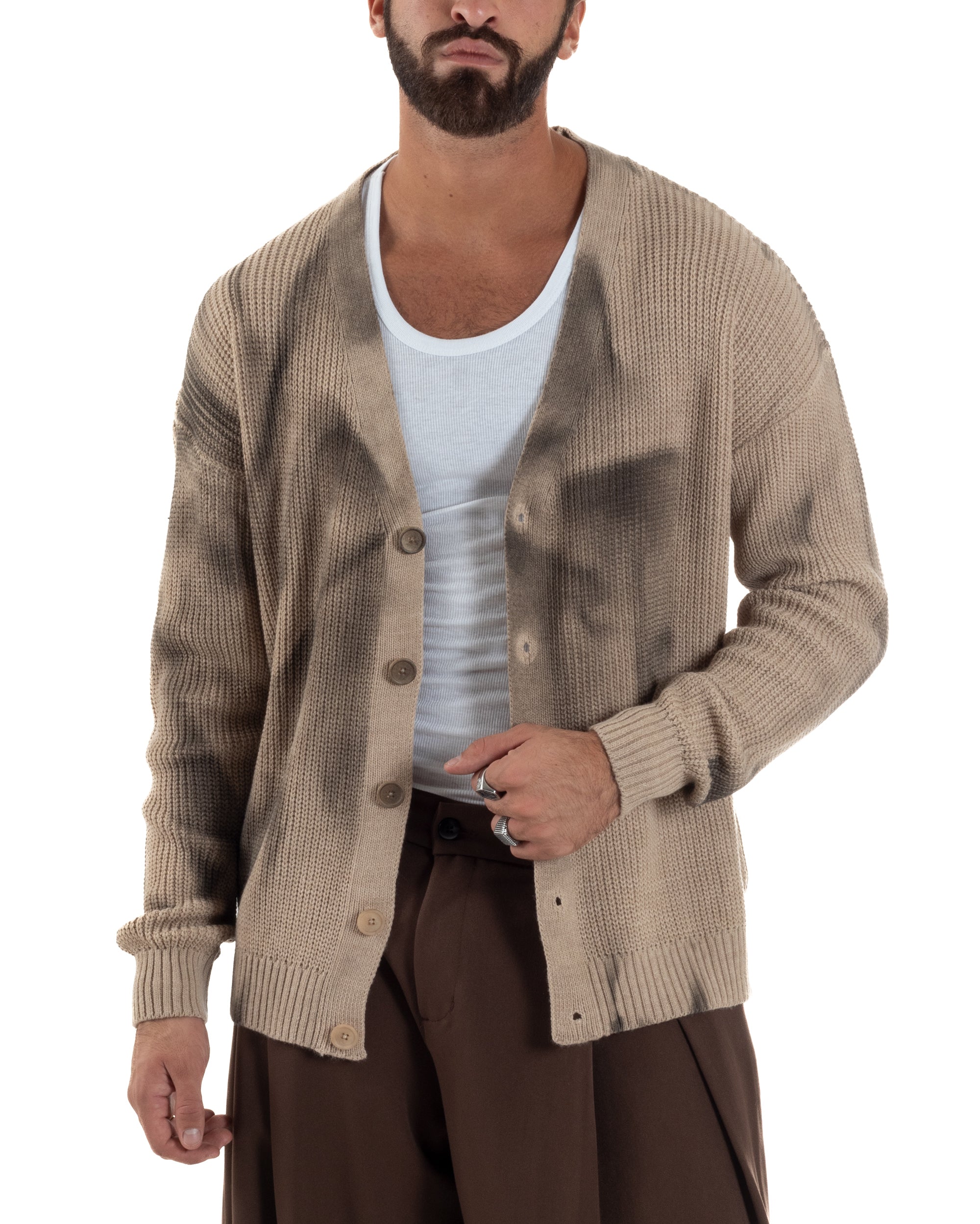 Cardigan Uomo Sfumato Tie Dye Maglia Scollo V Beige M3034A
