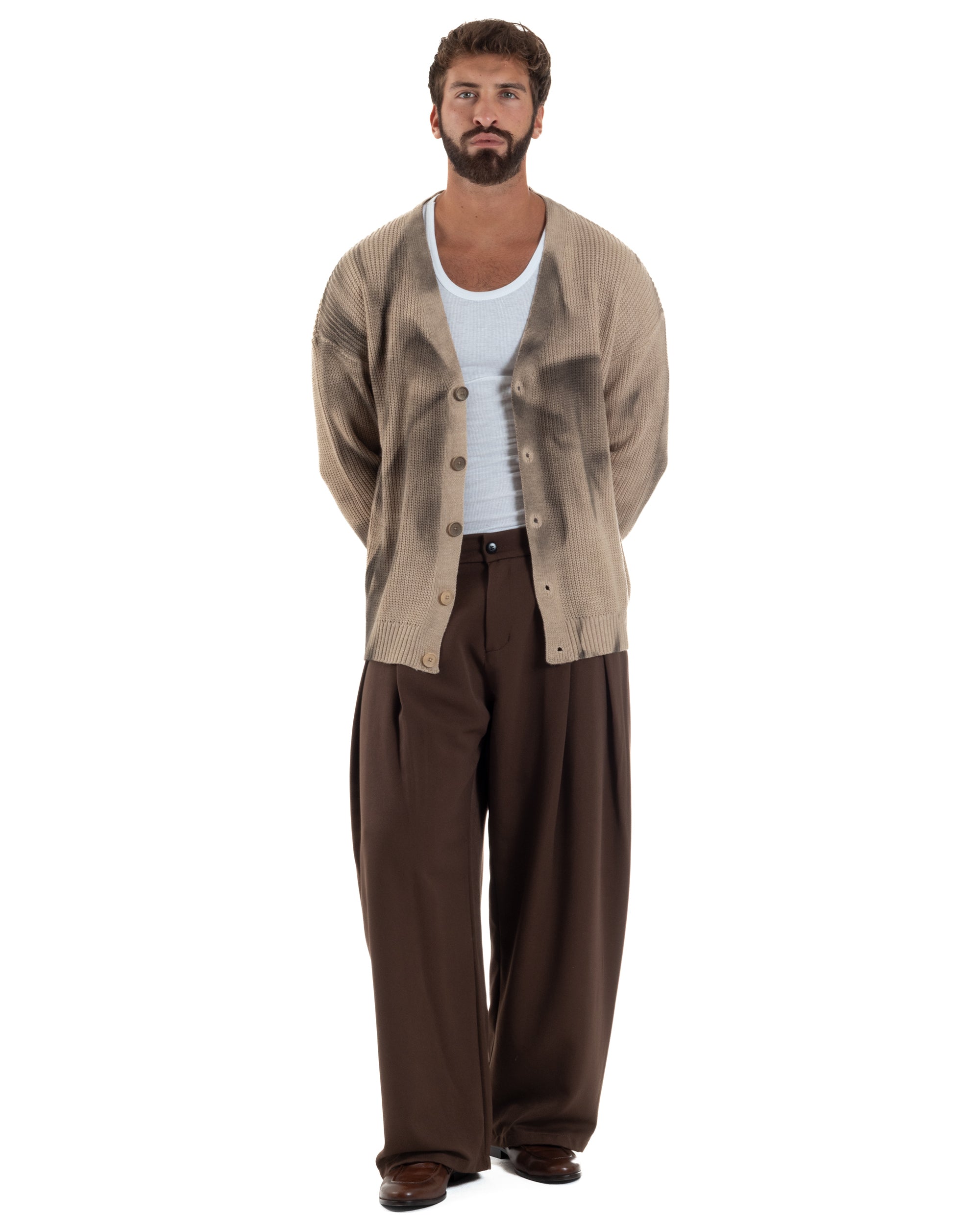 Cardigan Uomo Sfumato Tie Dye Maglia Scollo V Beige M3034A