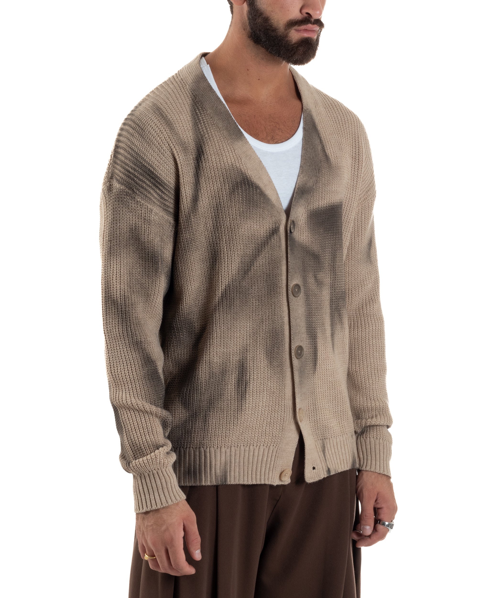 Cardigan Uomo Sfumato Tie Dye Maglia Scollo V Beige M3034A