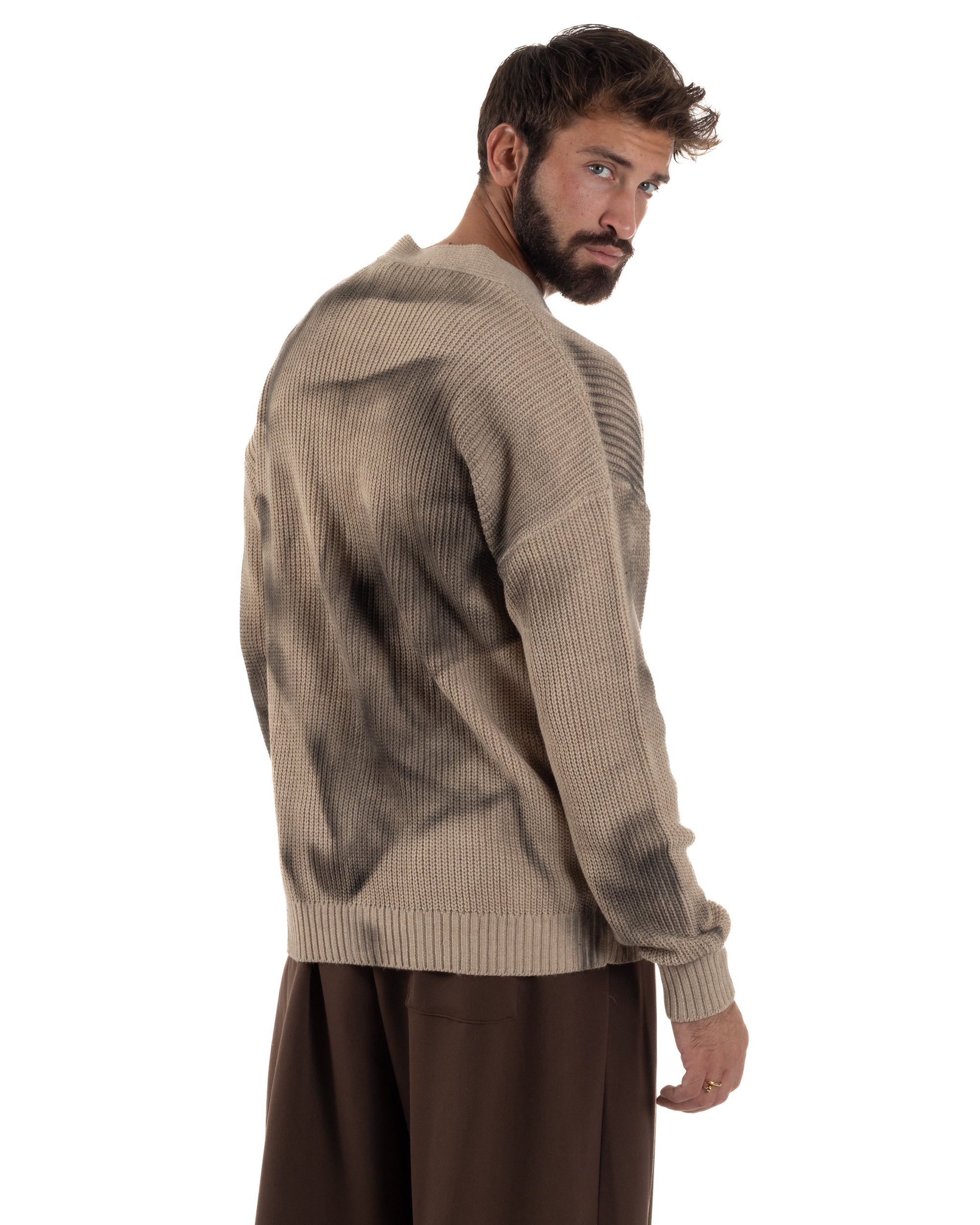 Cardigan Uomo Sfumato Tie Dye Maglia Scollo V Beige M3034A