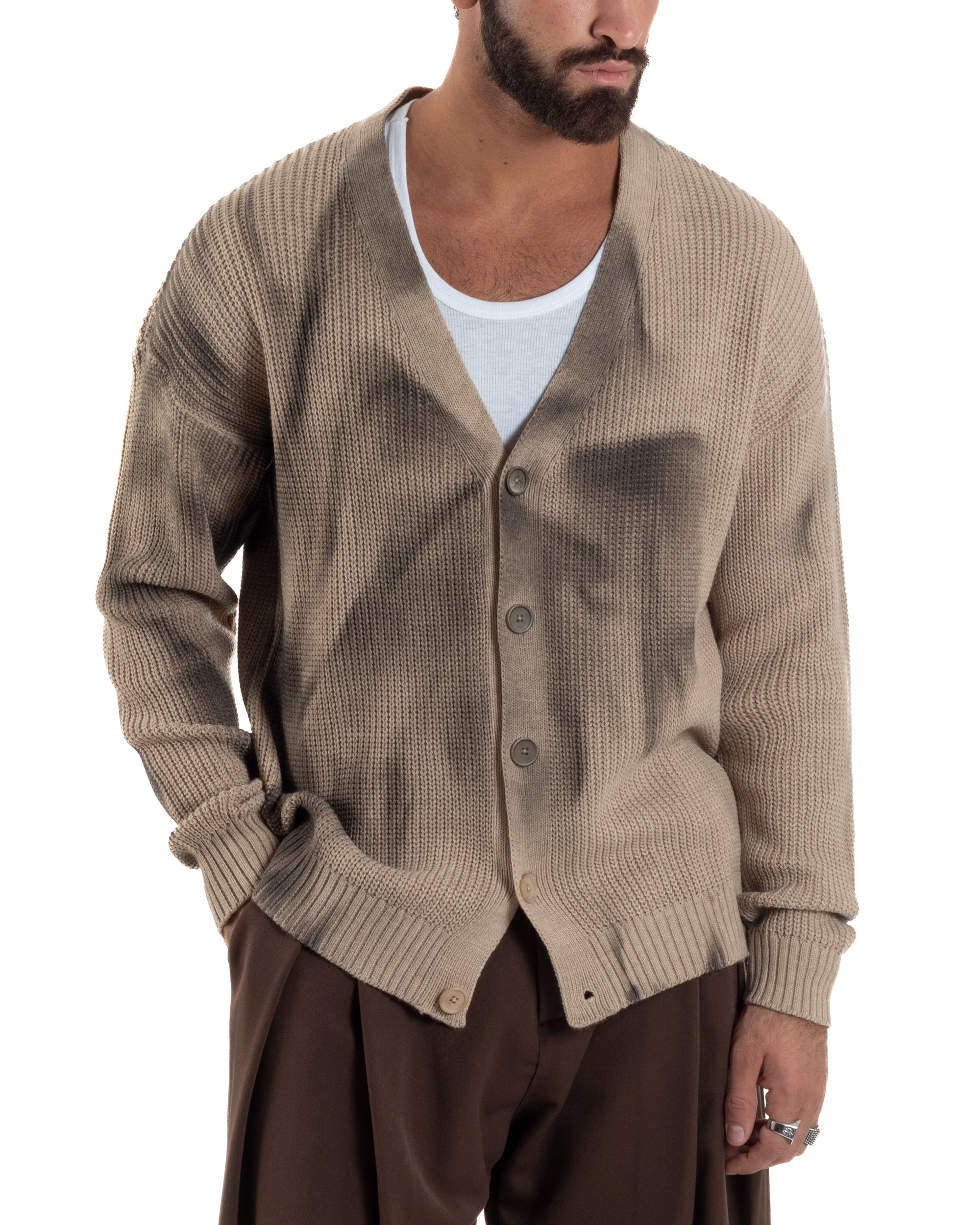 Cardigan Uomo Sfumato Tie Dye Maglia Scollo V Beige M3034A
