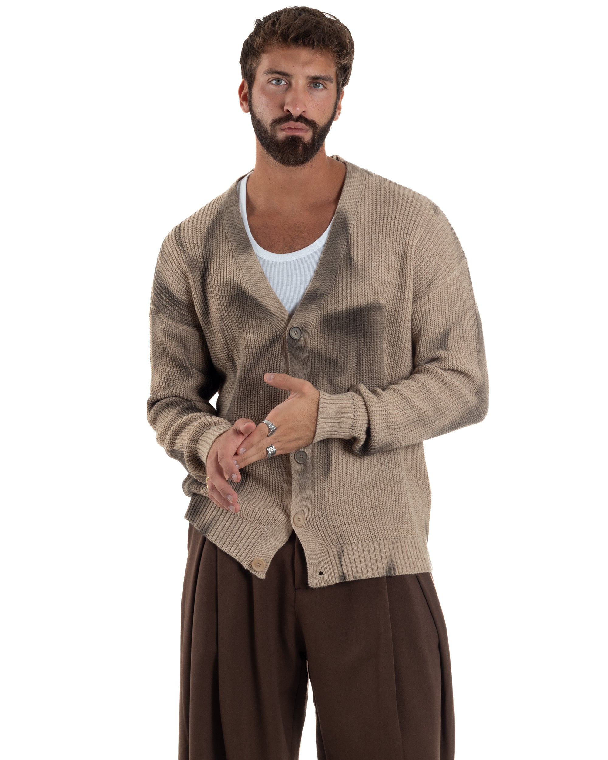 Cardigan Uomo Sfumato Tie Dye Maglia Scollo V Beige M3034A