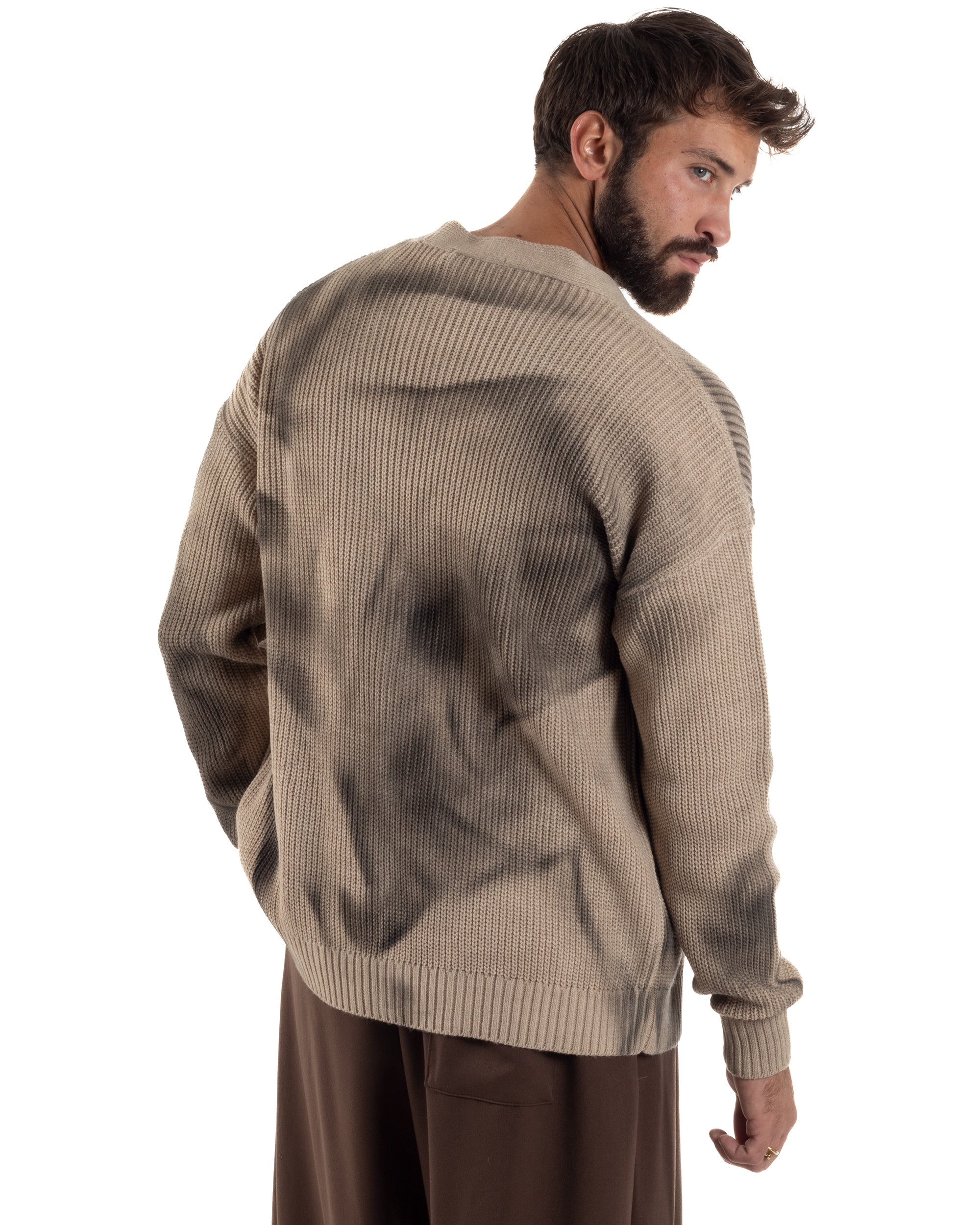 Cardigan Uomo Sfumato Tie Dye Maglia Scollo V Beige M3034A