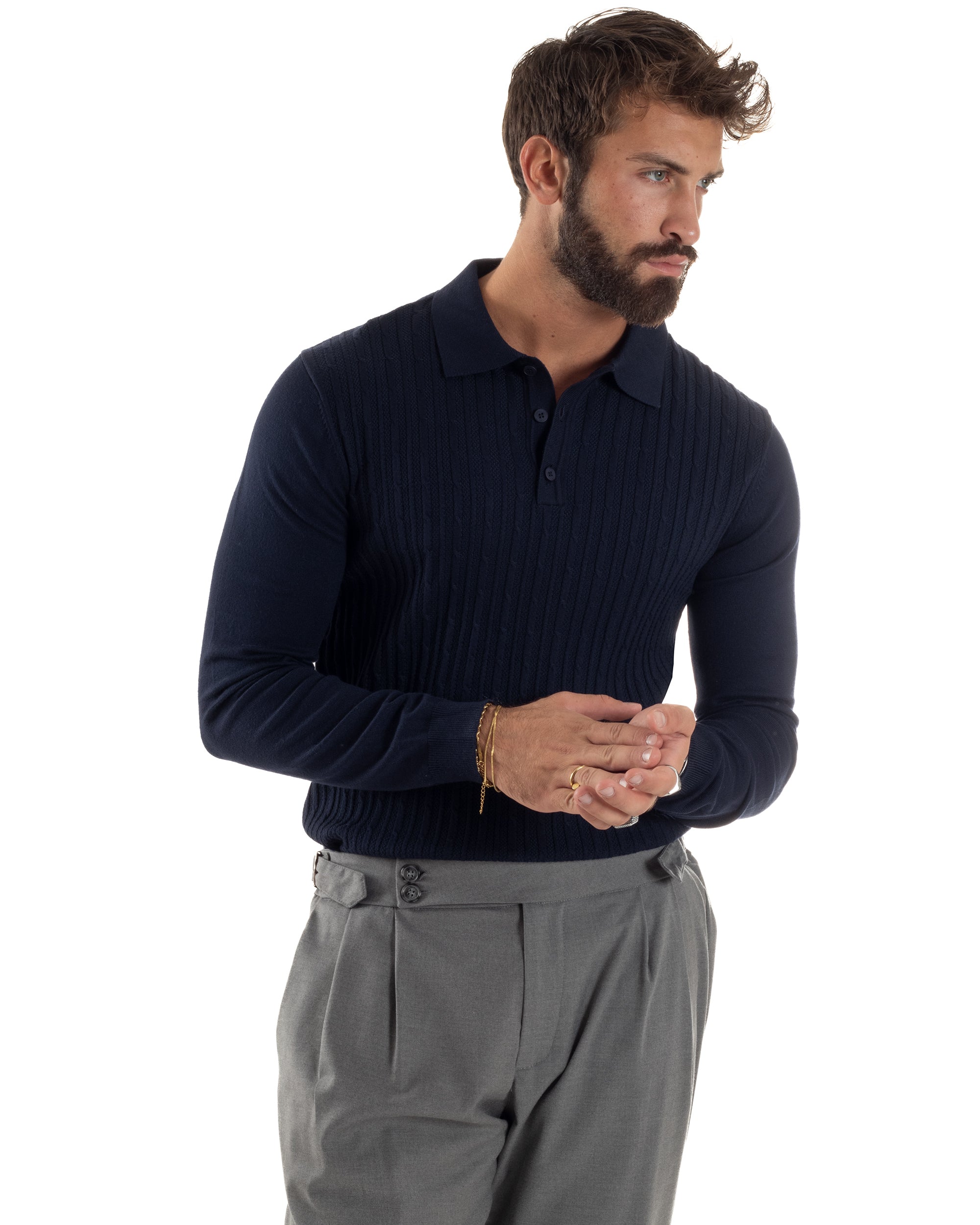 Maglia Uomo Colletto Polo Maglioncino Trecce Basic Blu M3036A