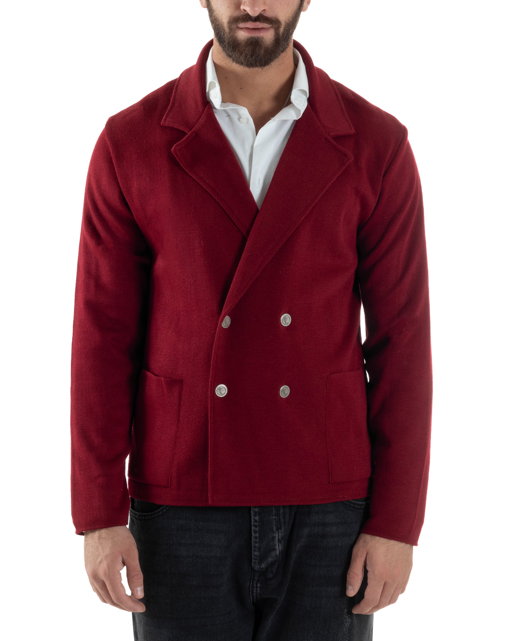 Cardigan Uomo Doppiopetto Giacca Con Bottoni Metallo Maglia Links Bordeaux M3041A