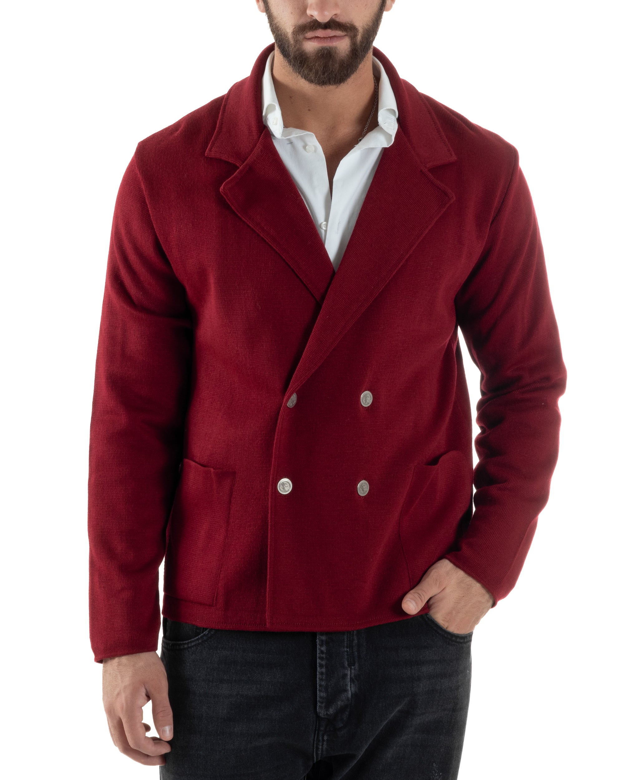 Cardigan Uomo Doppiopetto Giacca Con Bottoni Metallo Maglia Links Bordeaux M3041A