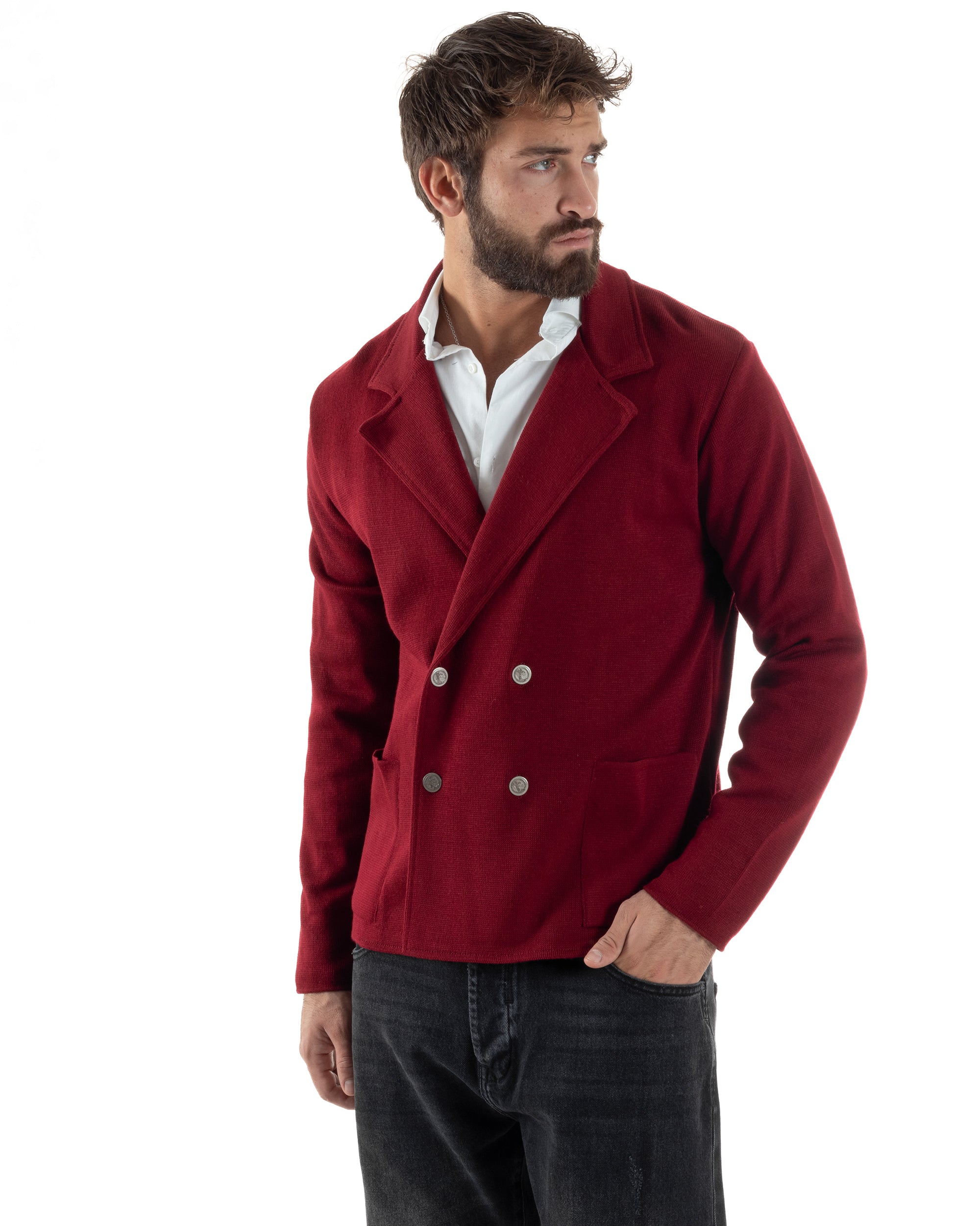 Cardigan Uomo Doppiopetto Giacca Con Bottoni Metallo Maglia Links Bordeaux M3041A