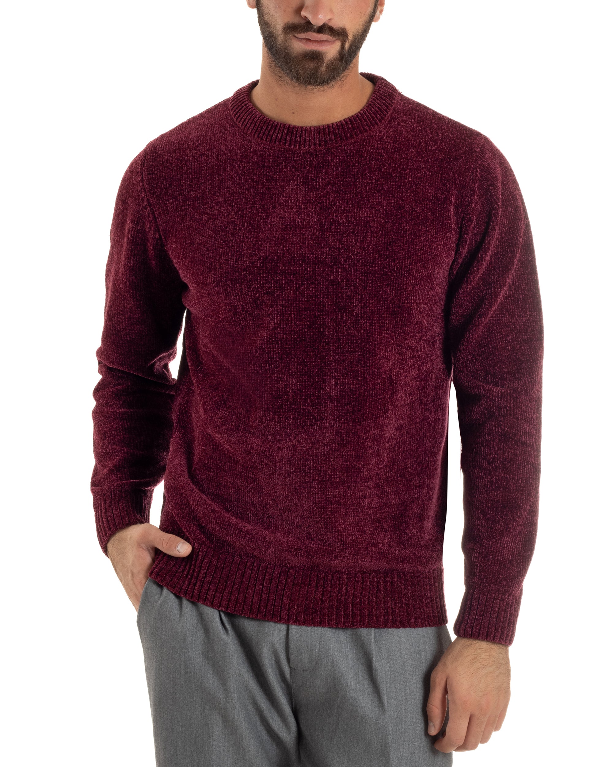 Maglioncino Uomo Ciniglia Regular Fit Maglia Basic Bordeaux M3051A