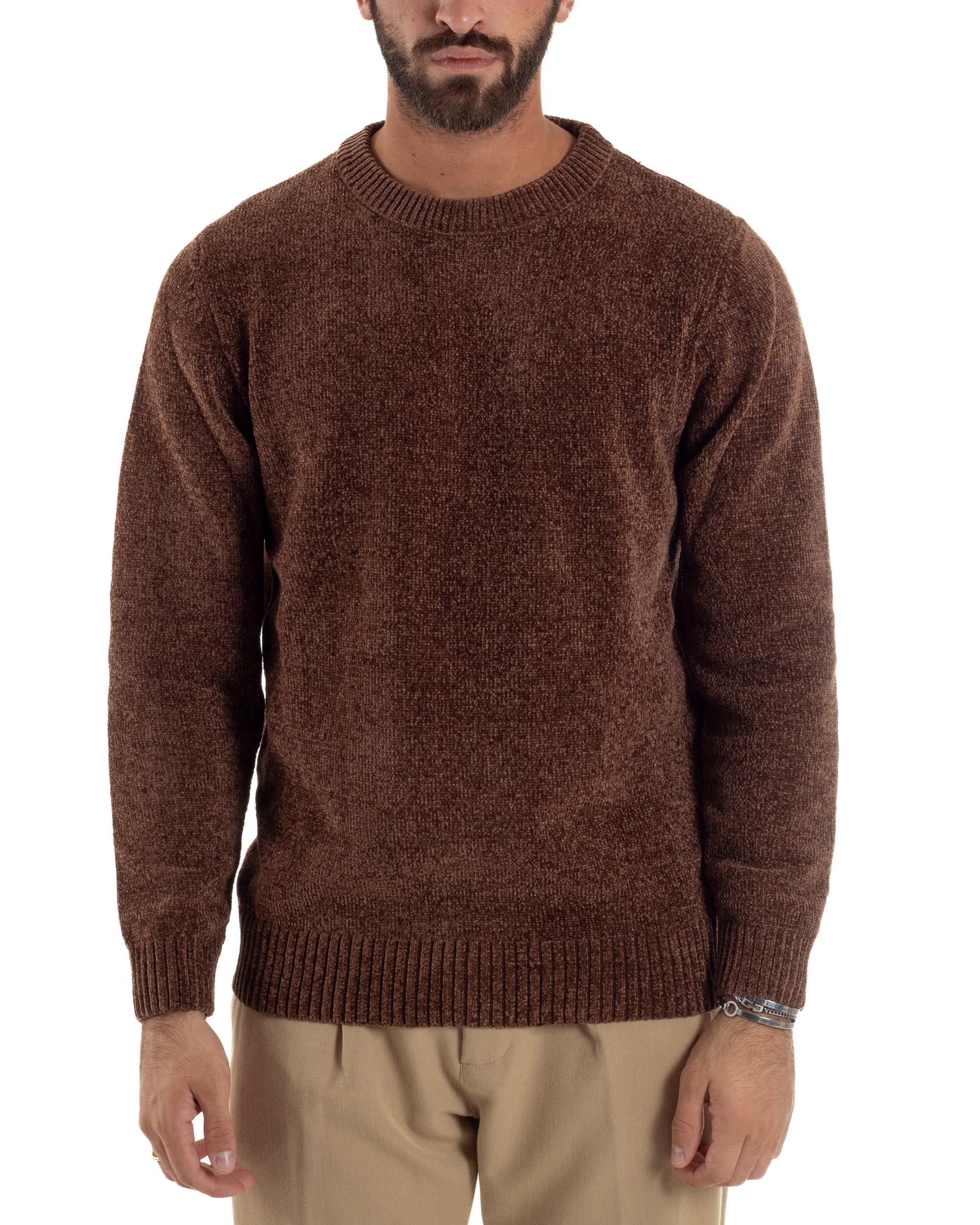Maglioncino Uomo Ciniglia Regular Fit Maglia Basic Marrone M3055A