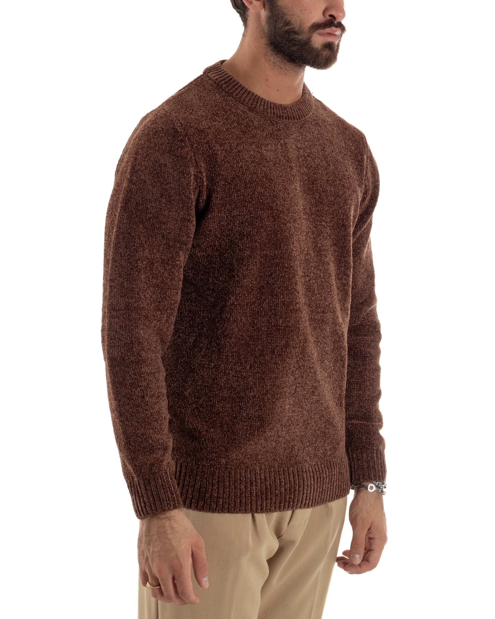 Maglioncino Uomo Ciniglia Regular Fit Maglia Basic Marrone M3055A
