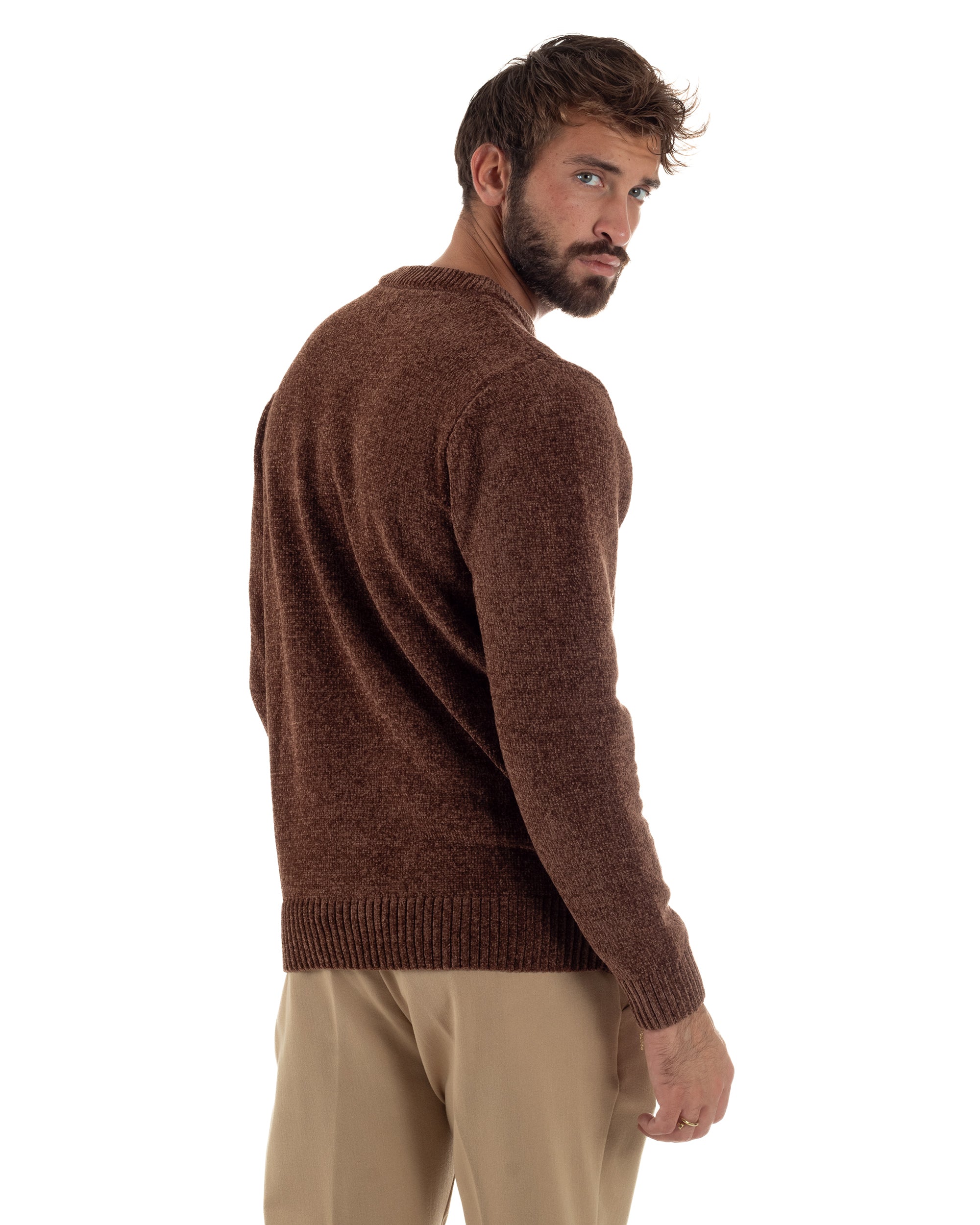 Maglioncino Uomo Ciniglia Regular Fit Maglia Basic Marrone M3055A