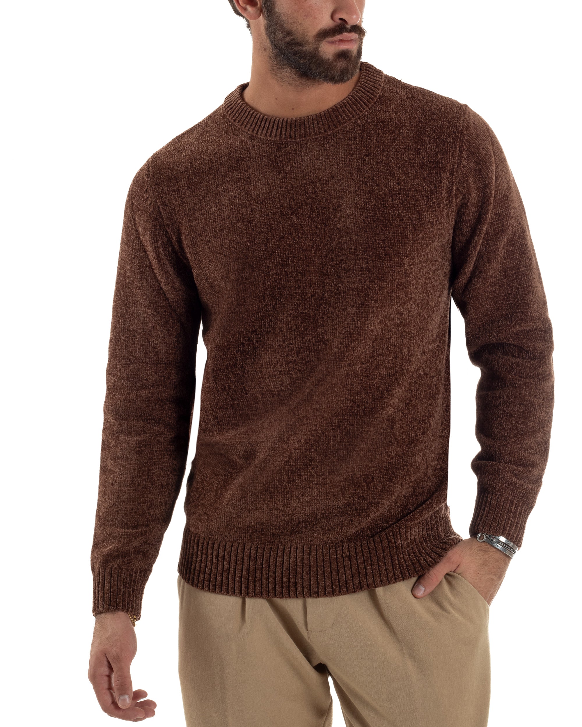 Maglioncino Uomo Ciniglia Regular Fit Maglia Basic Marrone M3055A