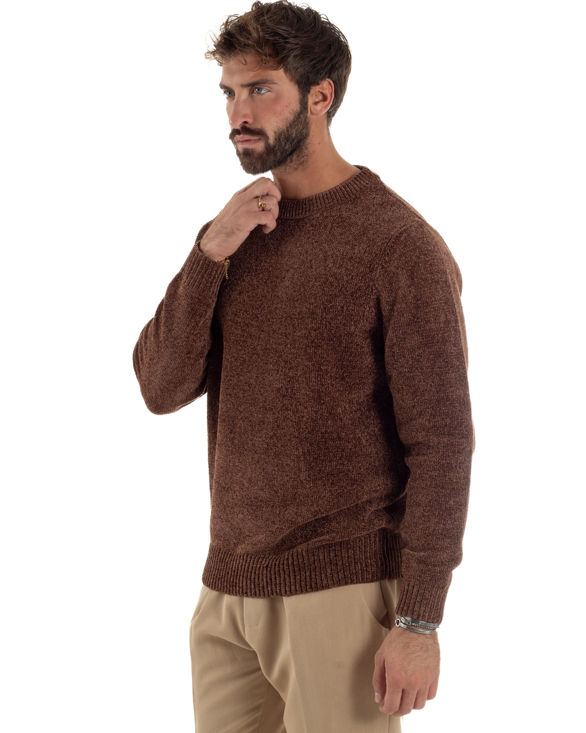 Maglioncino Uomo Ciniglia Regular Fit Maglia Basic Marrone M3055A