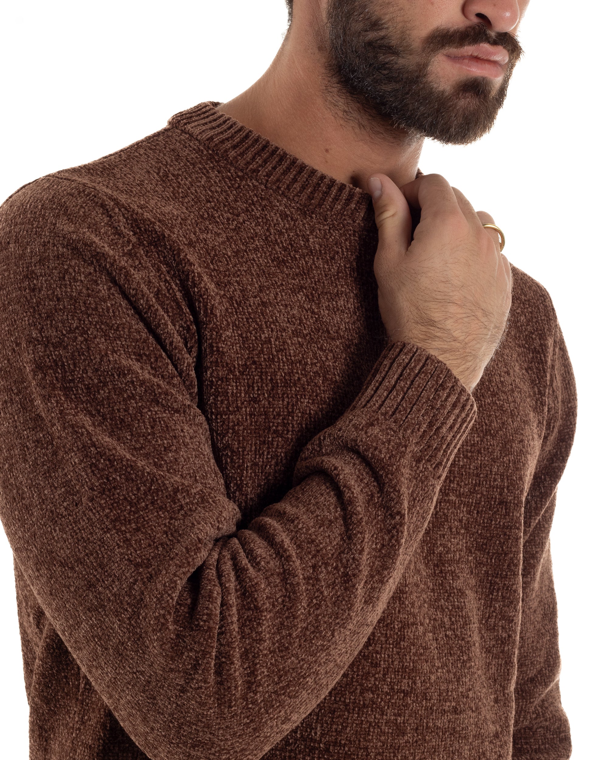 Maglioncino Uomo Ciniglia Regular Fit Maglia Basic Marrone M3055A